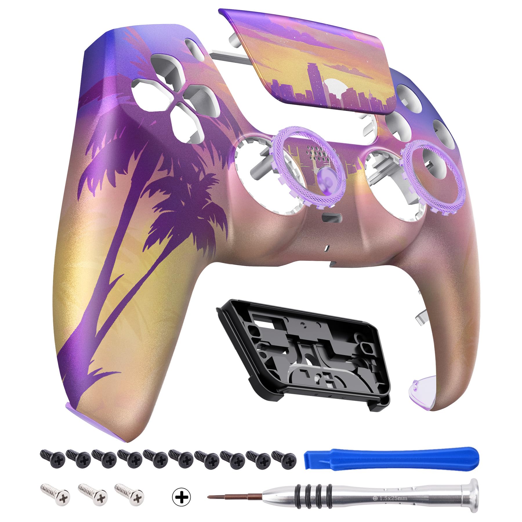 eXtremeRate Luna Cover per ps5 Controller Joystick,Shell Frontale Touchpad Ricambio,Scocca Ridisegnata&Anelli per ps5 Joypad BDM 010/020/030/040/050-Neon Miami