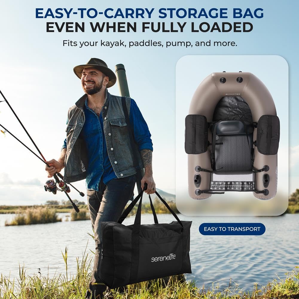 SereneLife Nadmuchiwana tuba wędkarska – ponton typu float tube z PVC do wędkowania z uchwytem na wędkę, 2 wodoodpornymi kieszeniami do przechowywania, miarką wędkarską i udźwigiem do 220 lb