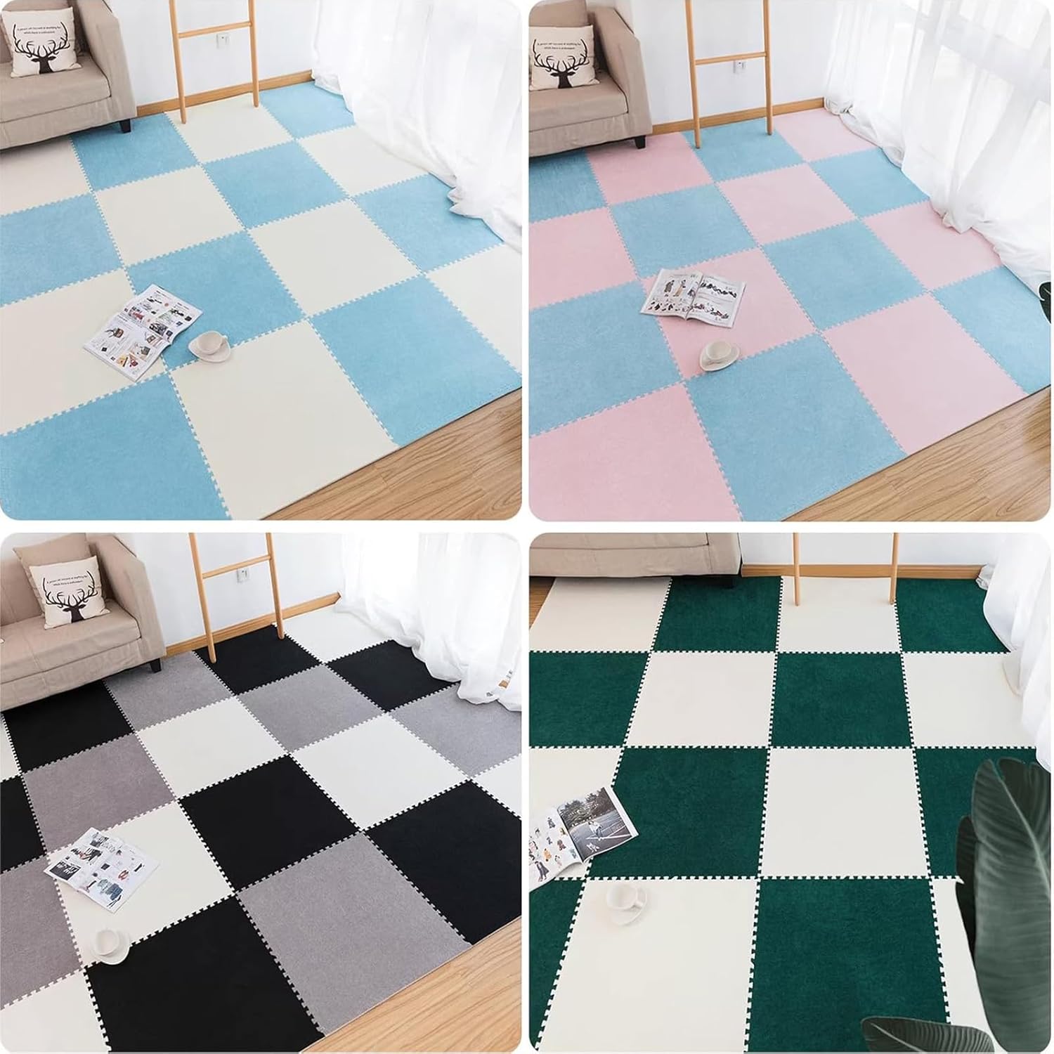 Square Short Plush Puzzle Foam Floor Mat, Thickened Interlocking Carpet Tiles, for Playroom Jigsaw Flooring Playmats, 12X 12x 0.4in(Wine red-White,40p)