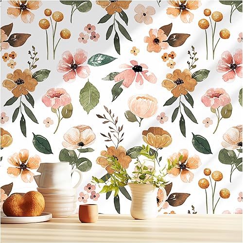 HAOKHOME 93246-2 Papel tapiz floral para despegar y pegar, papel de contacto extraíble texturizado blancoamarilloverde para dormitorio y baño, 17.7