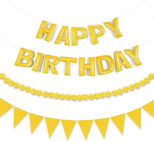 Miniatura 13 de CANREVEL Pancarta de Feliz Cumpleaños 3D Pre-enhebrada, 3 PIEZAS Guirnalda de Fieltro Azul, Guirnalda de Pompones, Banderines de Tela Triangular,