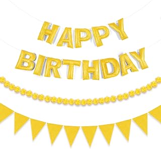 CANREVEL 3 PCS Pre-Strung 3D Happy Birthday Banner Decorations, Gold