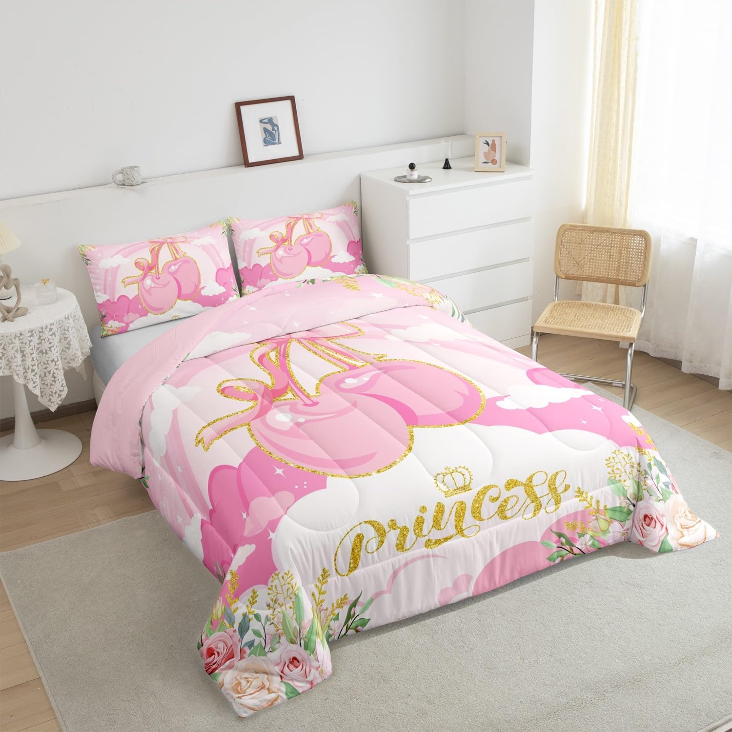 Pink Gold Cherry Kids Comforter Set Queen Size,Cute Girly Bowknot Bedding Set,Girls Women Children Room Decor,Pink Princess Style Down Comforter,3D Watercolor Flowers Duvet Insert,2 Pillowcases