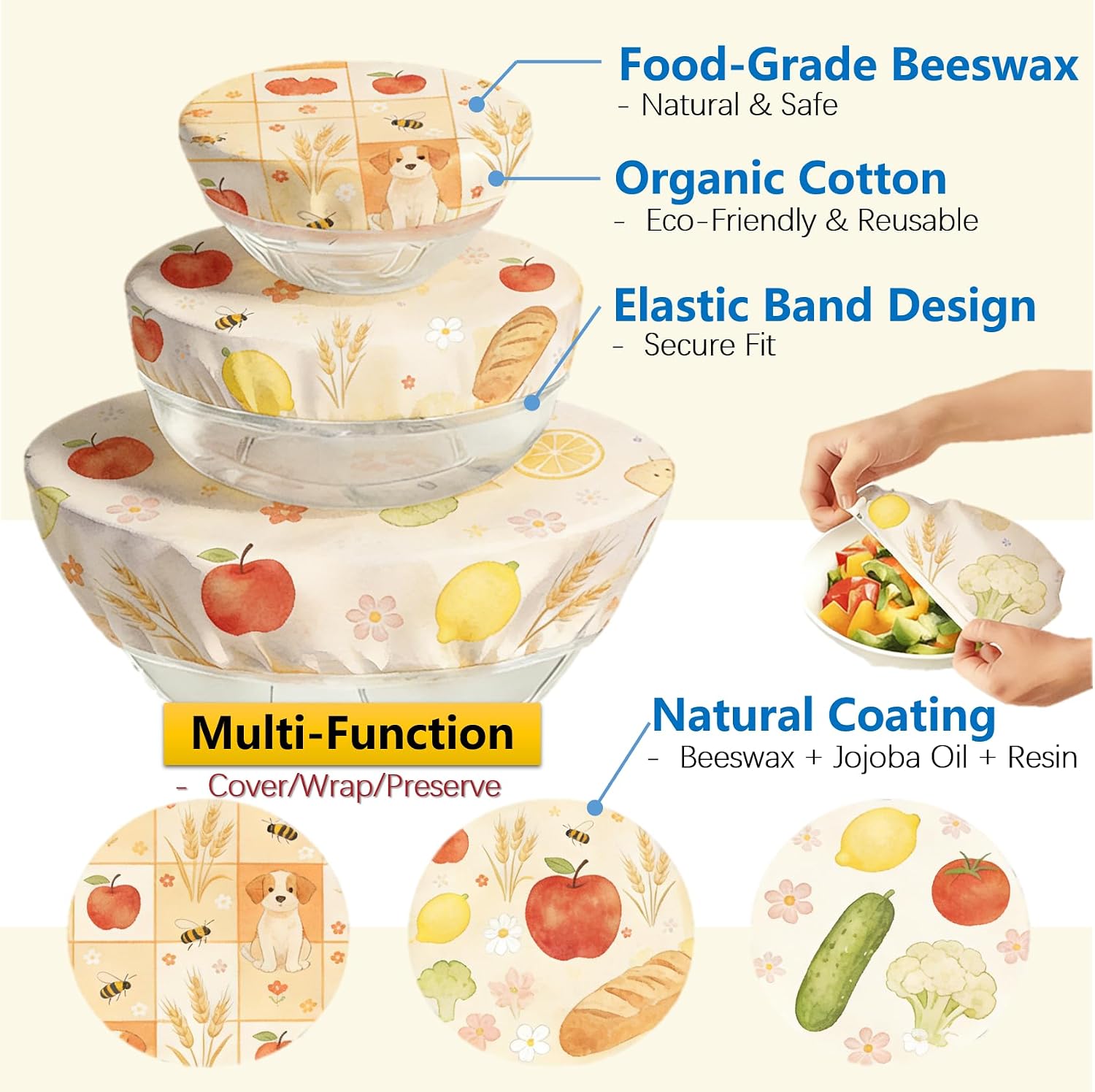 Beeswax Bowl Covers for Bread Proofing, 3 Pack Reusable Sourdough Covers image 2
