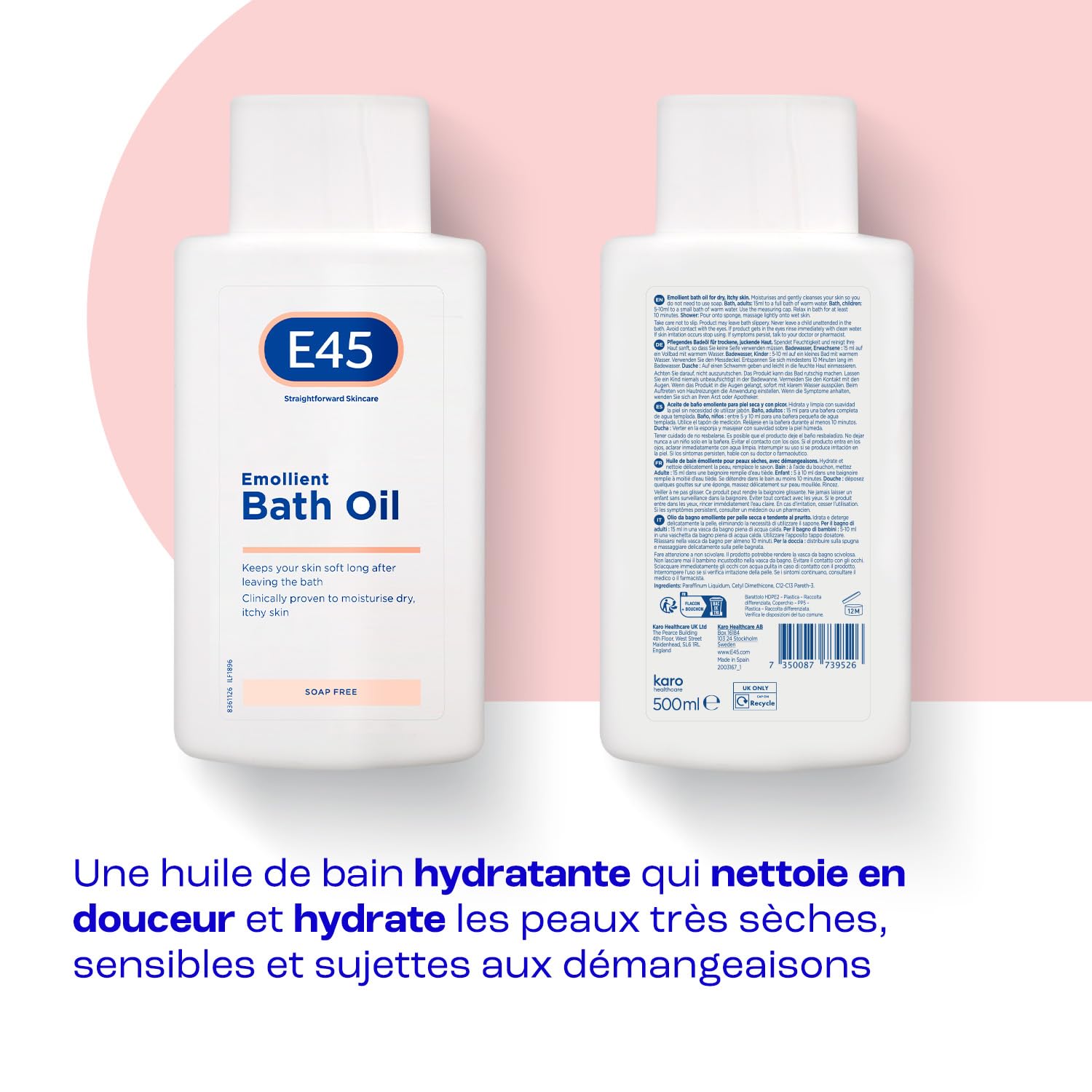 E45 Huile de bain adoucissante pour hydrater les peaux sèches - Sans savon et sans parfum - 500 ml - Gel douche adoucissant - Testé dermatologiquement