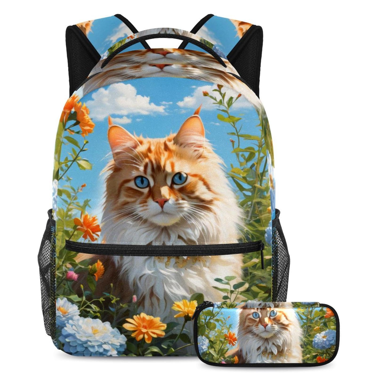 Cartable chat et fleur avec trousse pour l'école et le collège - 7