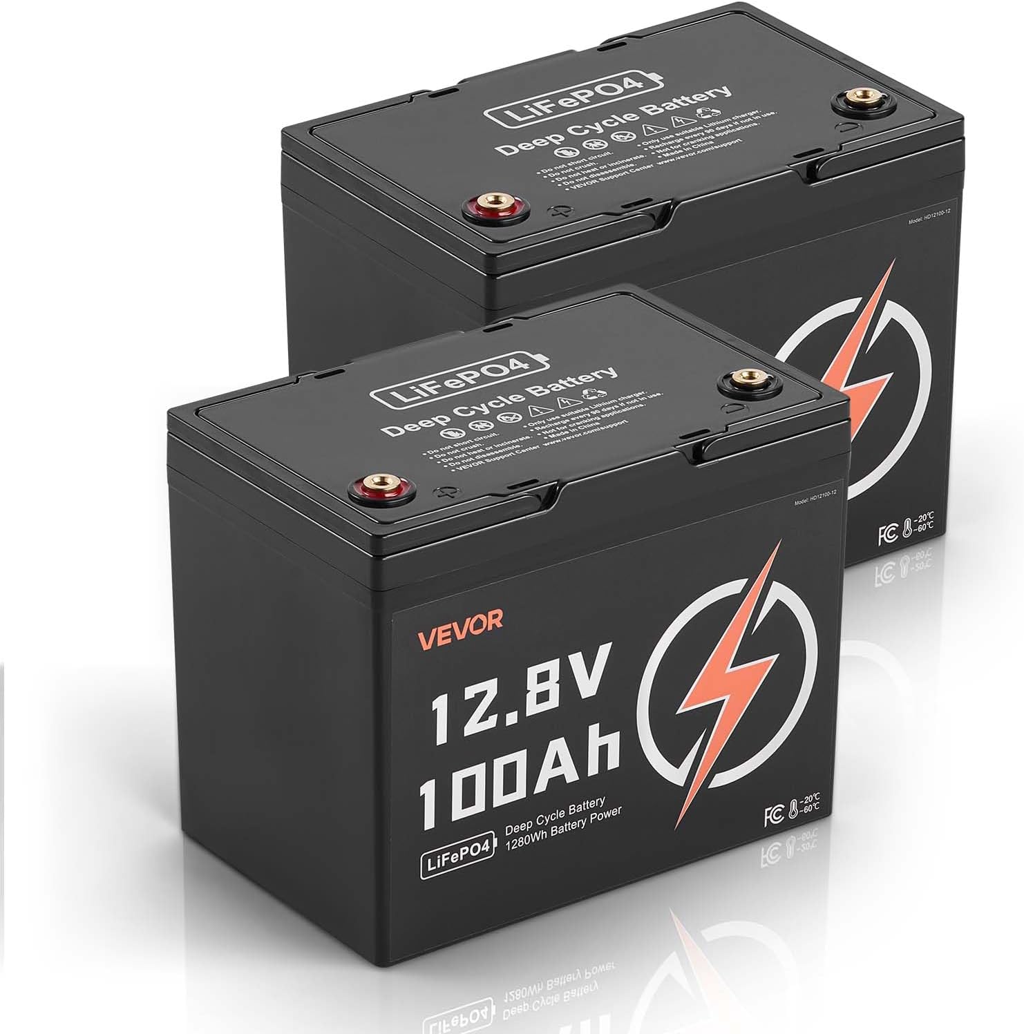 VEVOR 2 Pack 12V 100Ah LiFePO4 Battery, Up to 15000 Cycles, Deep Cycle Lithium Iron Phosphate Battery with Built-in BMS, Low Temp Protection, 10 Years Lifetime, for Solar Off-Grid Home Energy Storage