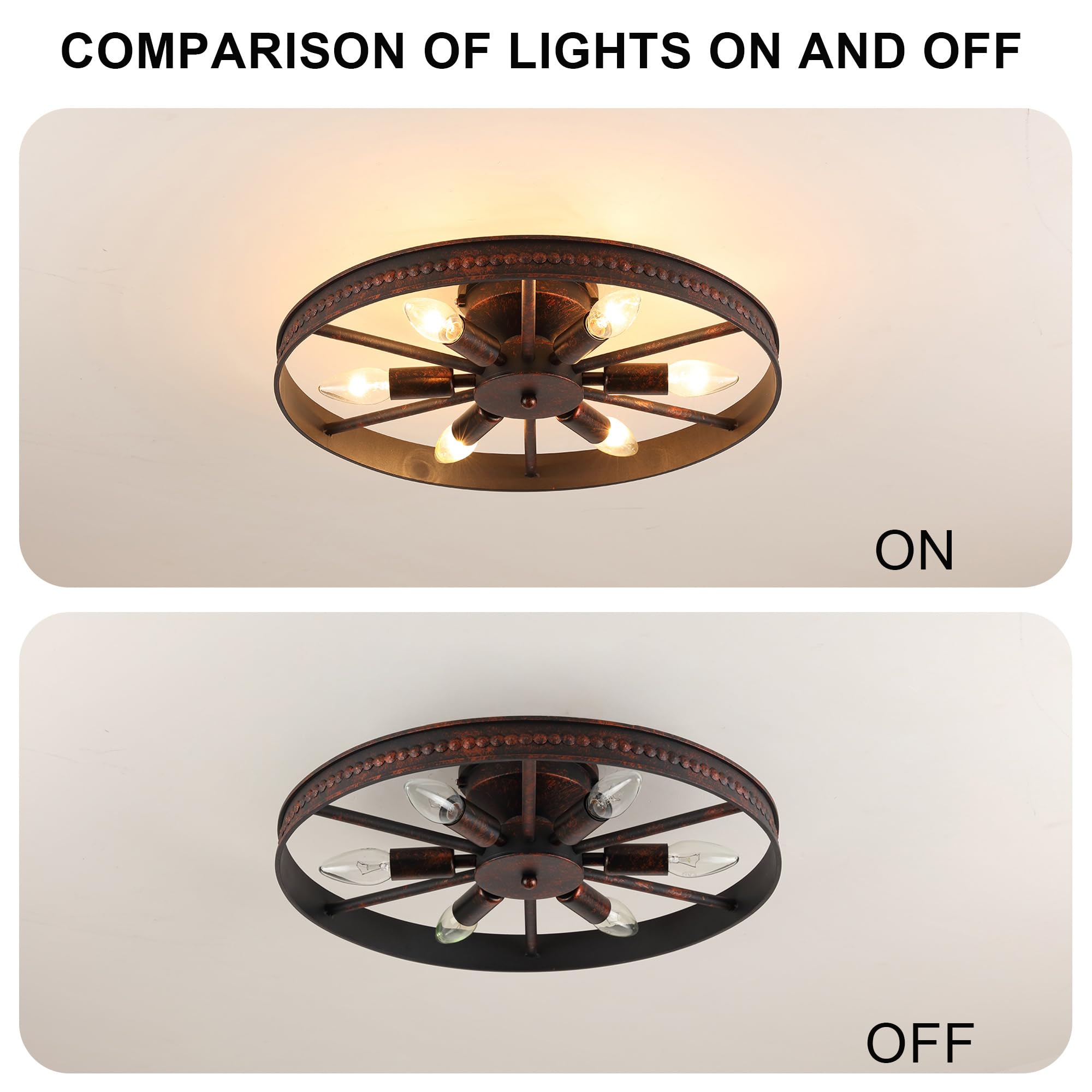 Industrial Vintage Deckenleuchte für Schlafzimmer Kreativ Wagenrad Design | JHYPVII Rostrot Retro Küche Deckenlampe E14 × 6 Flammig Rund Schlafzimmerlampe für Flur bad Esszimmer (Rostrot)