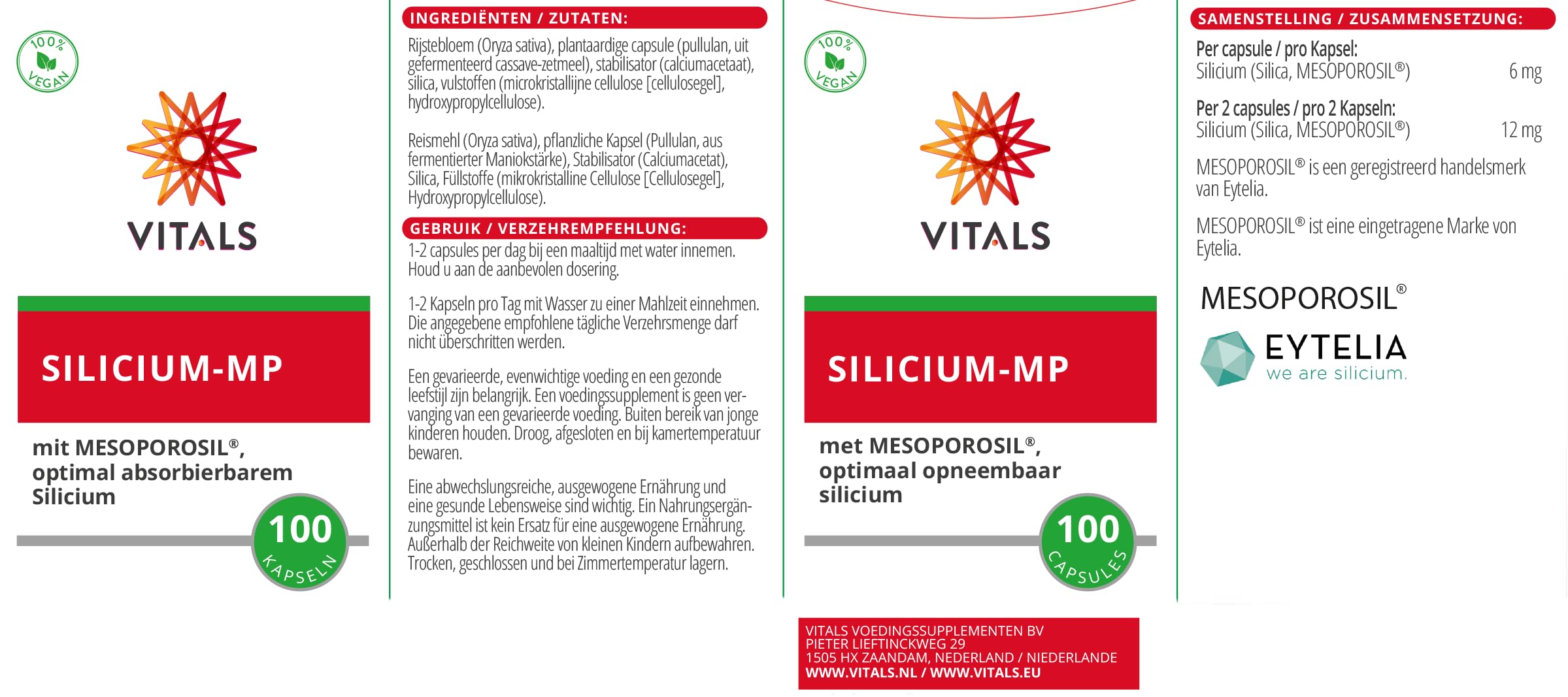 Vitals - Silicium-MP 100 Kapseln mit Mesoporosil, optimal resorbierbarem Silicium. Mit natürlichen Hilfstoffen aus Reis und Maniok. Einzigartige Form von Silizium.