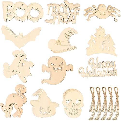 Lucleag 60 adornos colgantes de madera de Halloween, sin terminar, rebanadas de madera de Halloween, calabaza, bruja, fantasma, murciélago,