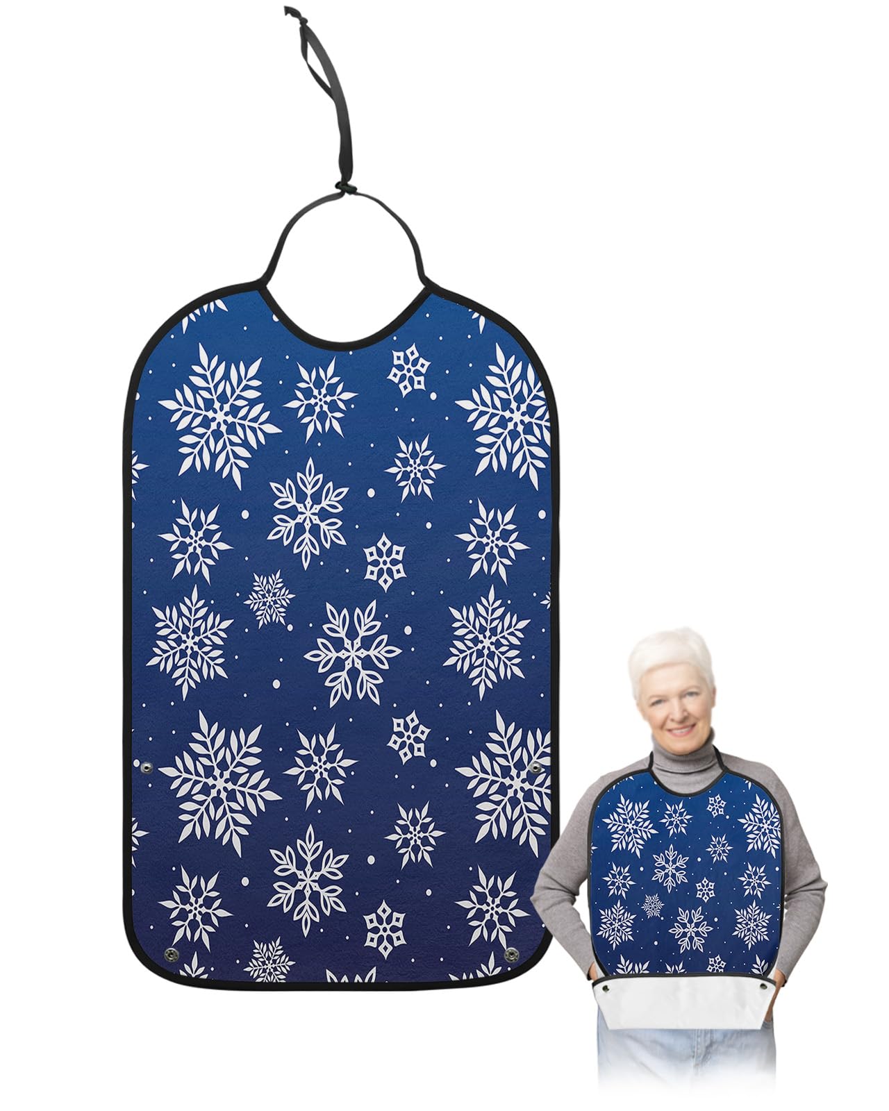 LEOKOTI Christmas Snowflake Adult Bibs for Eating, Waterproof Bibs with Food Catcher & Adjustable Snap Closure, Falling Snowflake Blue Washable Clothing Protectors Adult Bibs for Elderly Women/Men