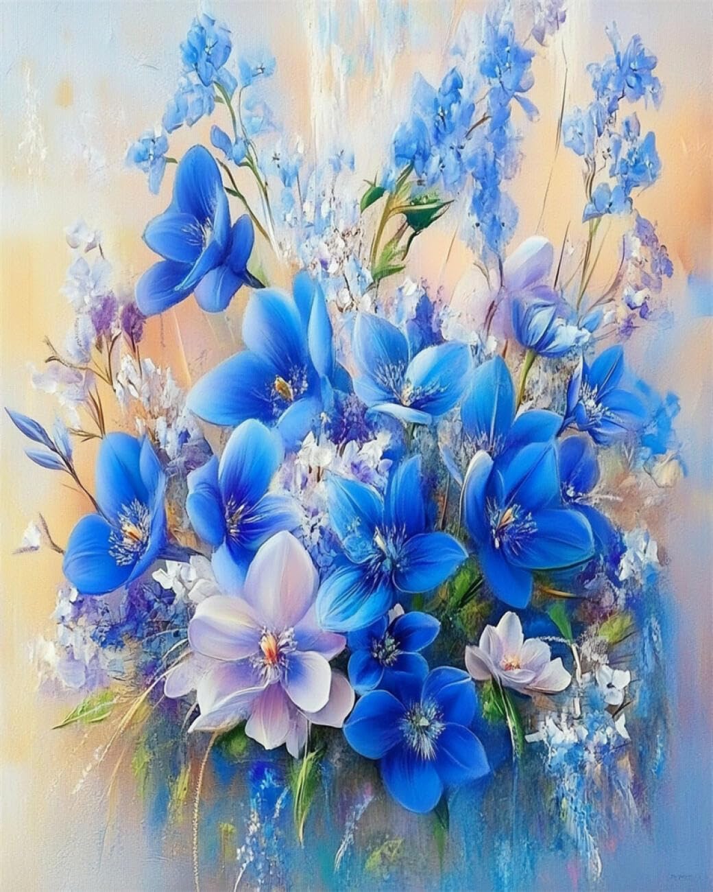 AMBATTERY DIY Beaded Cross Stitch Kit Watercolor Blue Flowers Bead Embroidery Kit for Adults Needlepoint Tapestry Set Beaded Stitching 40x50cm