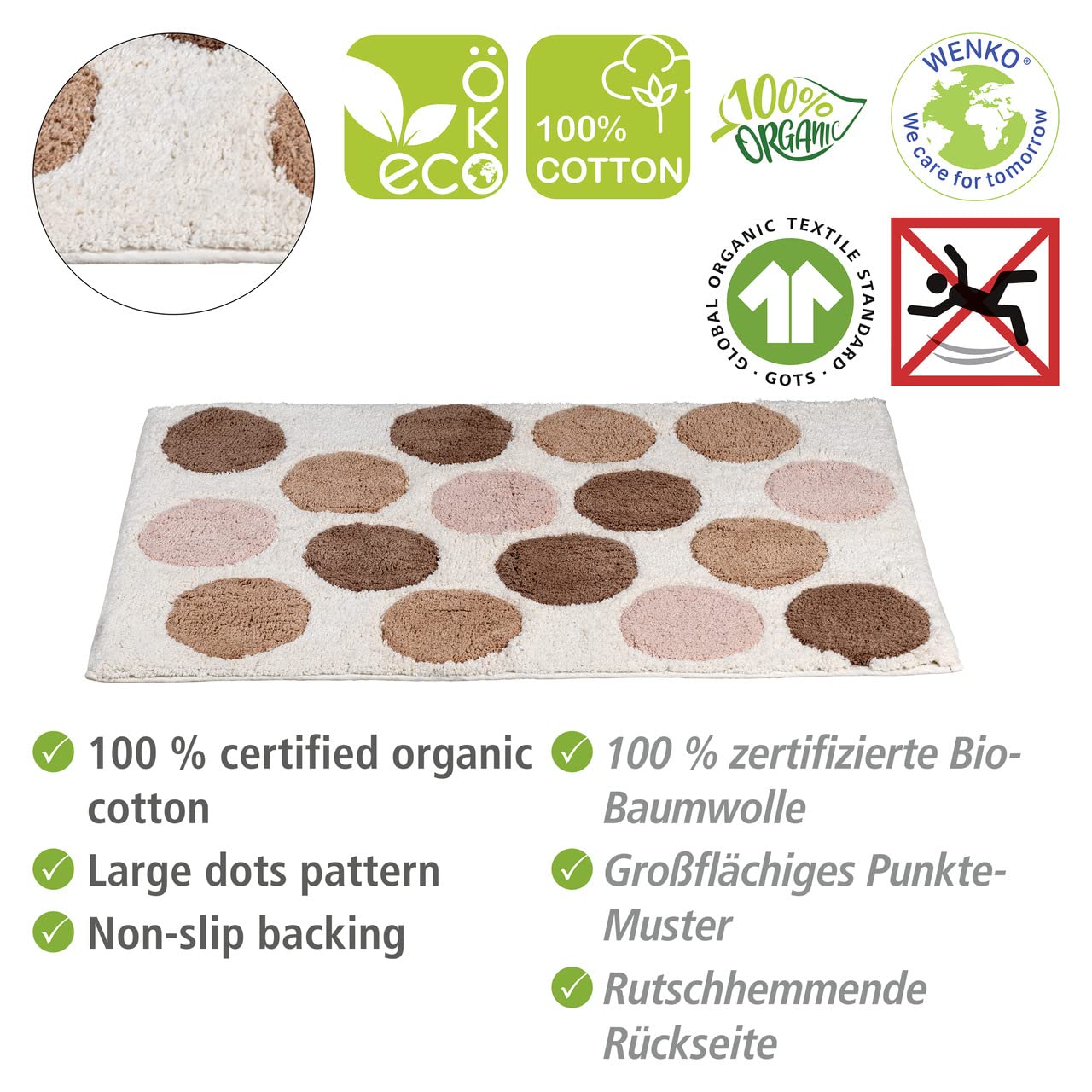 Wenko Tappetino Scendibagno Tibe 100% Cotone Biologico Certificato con Grandi Punti di Diversi Colori, Lato Inferiore Antisdrucciolo, Lavabile Fino a 40 °C, (L X P): 60 X 90 Cm