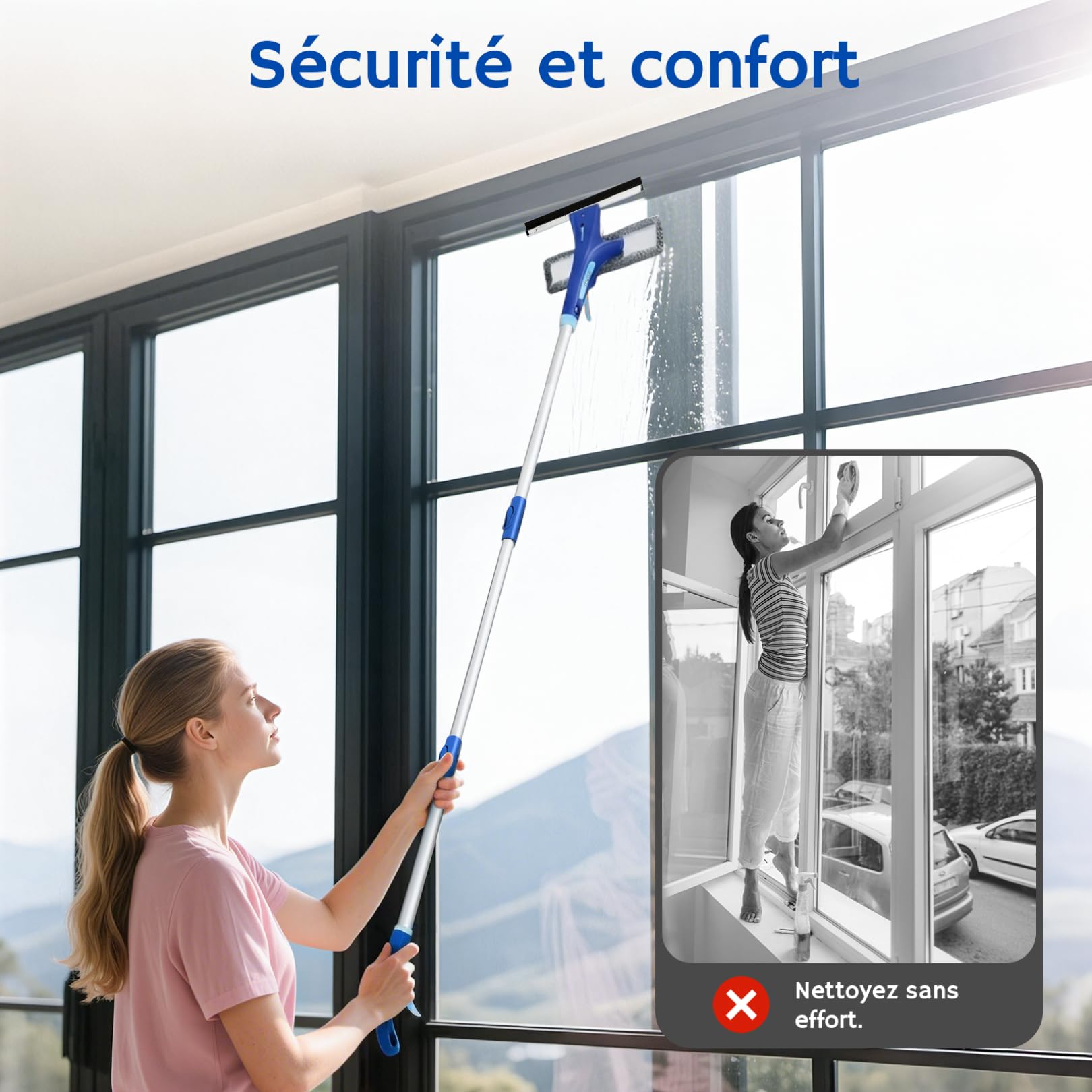 Raclette Vitre Professionnelle – Lave Vitre 4 en 1 avec Manche Télescopique 25 à 225 cm et Pulvérisateur pour Nettoyant Vitre – Nettoyeur Vitre pour Un Nettoyage Impeccable - Kit Polyvalent