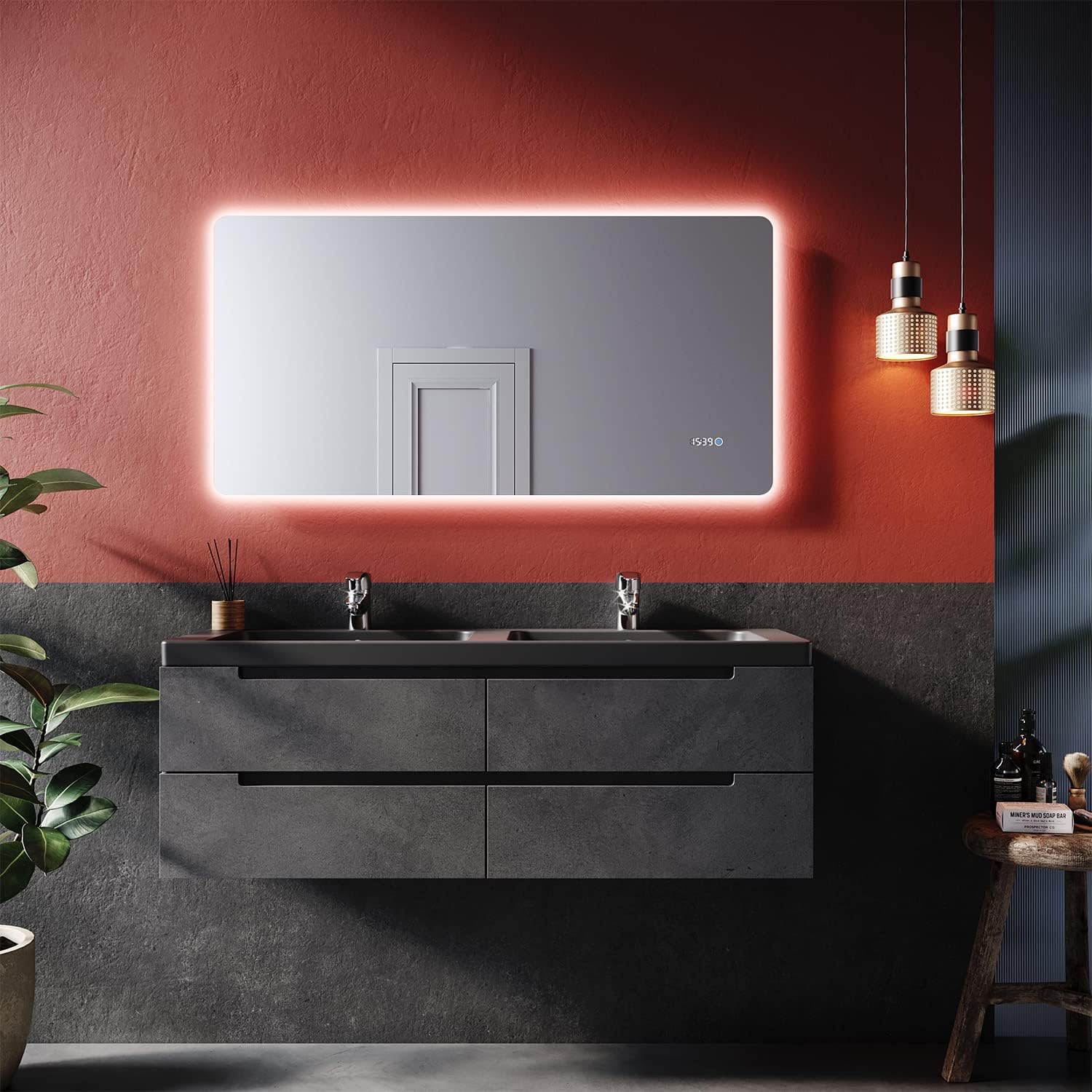 SONNI Espejo Baño con Luz 120x60 cm con Reloj/Indicador de Temperatura Interruptor Táctil Espejo de Baño LED Pared