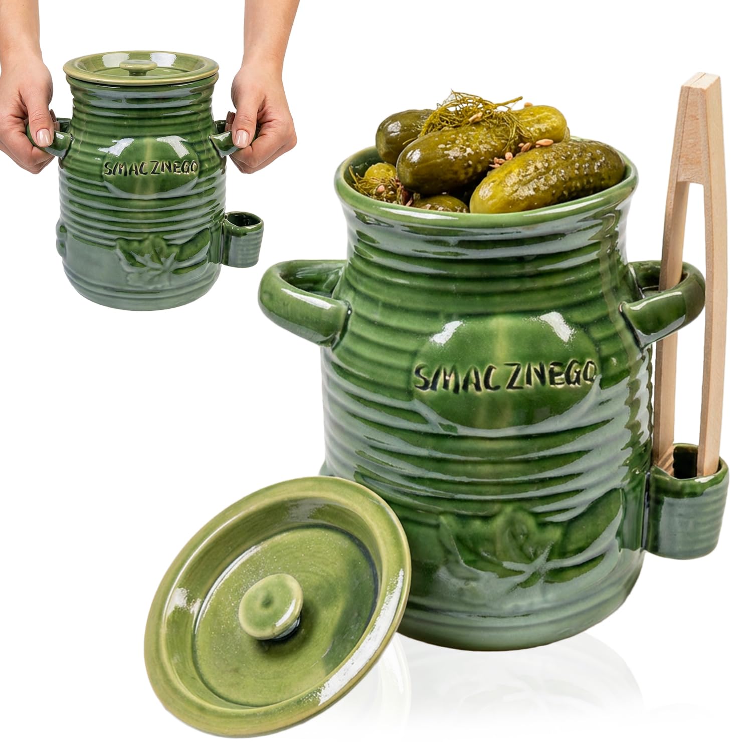 Olla fermentadora de cerámica de 3,5 l con pinzas de madera y tapa – Cacerola de fermentación para verduras, kimchi, pepinos y chucrut – verde esmaltado