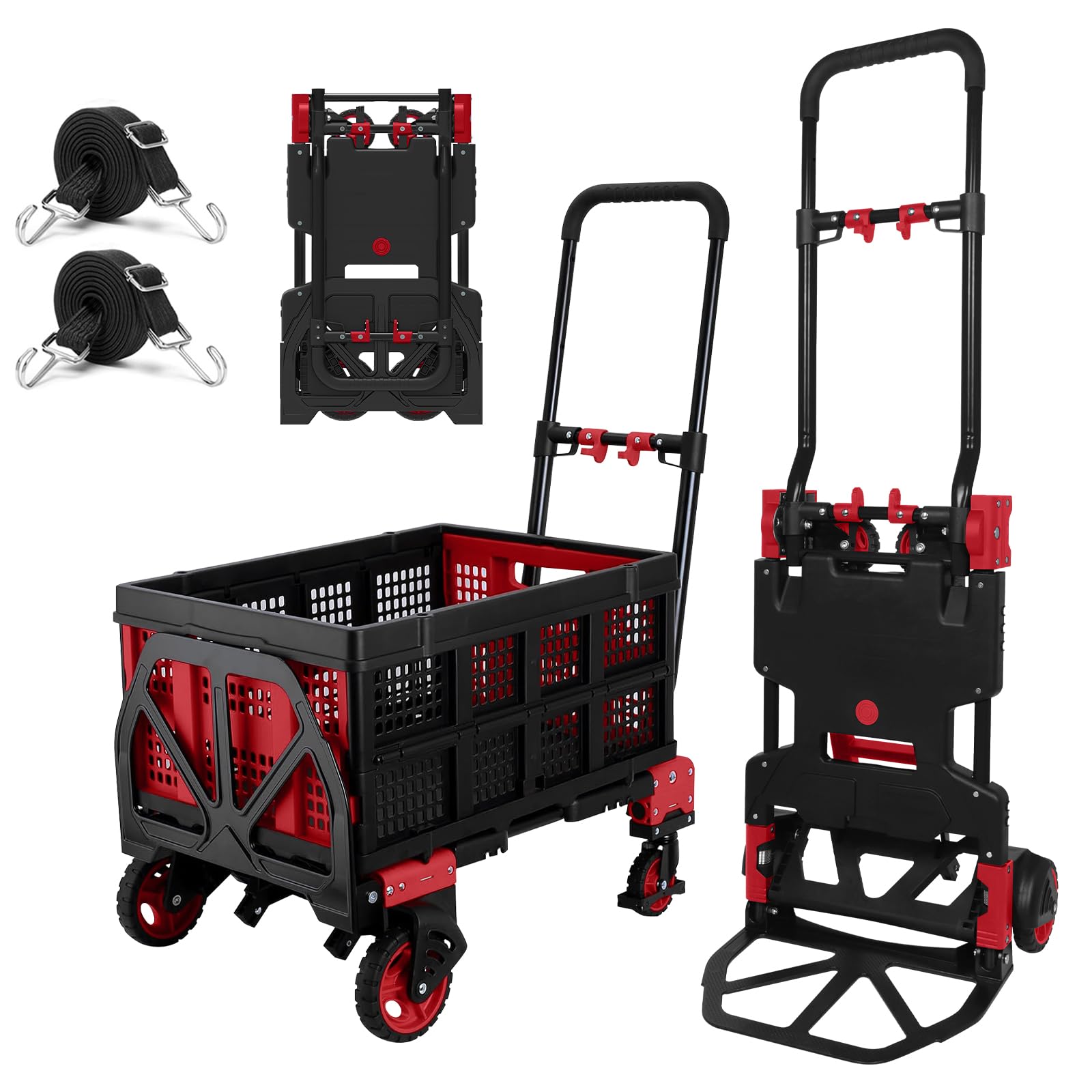 2-in-1 Hand Truck Dolly with Folding Basket,Folding Hand Truck with Rubber Wheels and Telescoping Handle,Heavy Duty Hand Cart with 330lbs Capacity,Portable Dolly Cart with Bungee Cords for Moving.