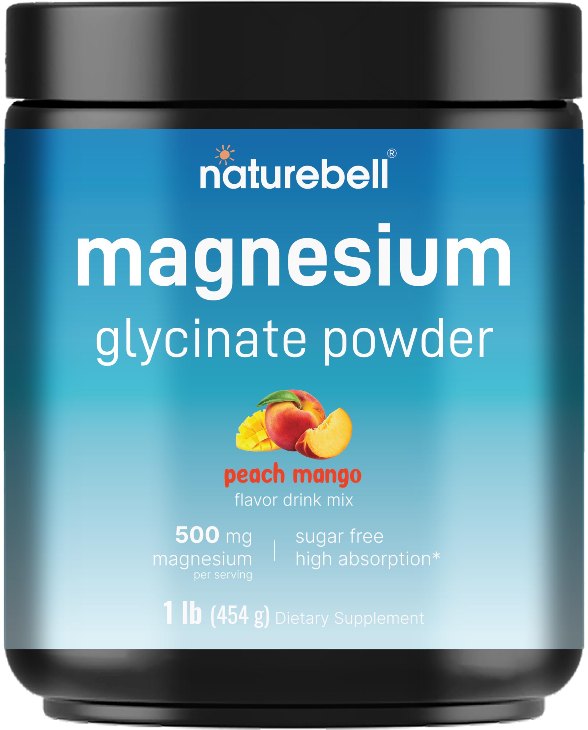 NatureBell Magnesium Glycinate Powder 500mg, 1lb (16oz) | 100% Chelated for High Absorption | Peach Mango Flavor | Supports Muscle, Bone & Heart Health | Sugar-Free, Bitterless, Non-GMO, Vegan