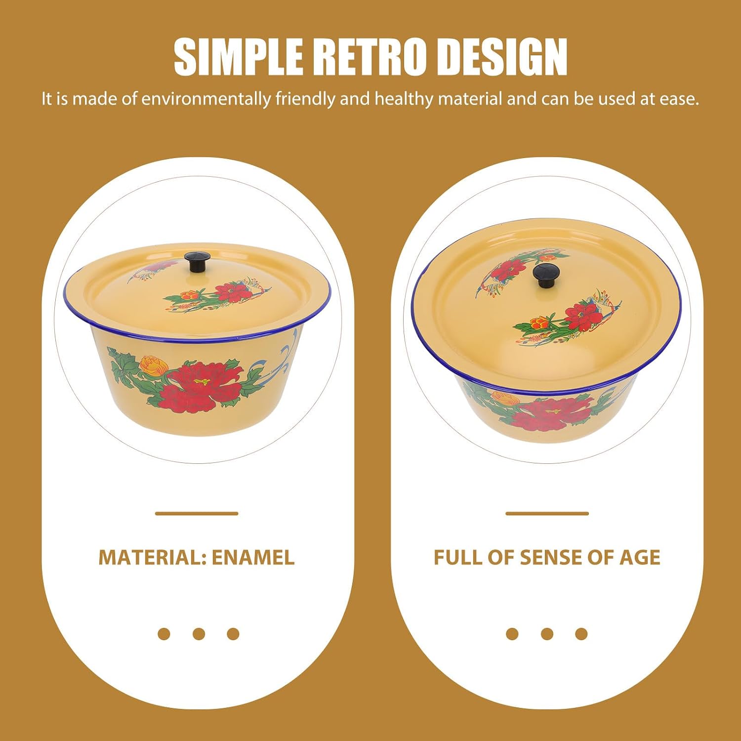 Vintage 1.4l Enamel Lard Pot with Lid, Classic 19.5cm Chinese Style Oil and Condiment Bowl for Home Kitchen Serving and Food Storage