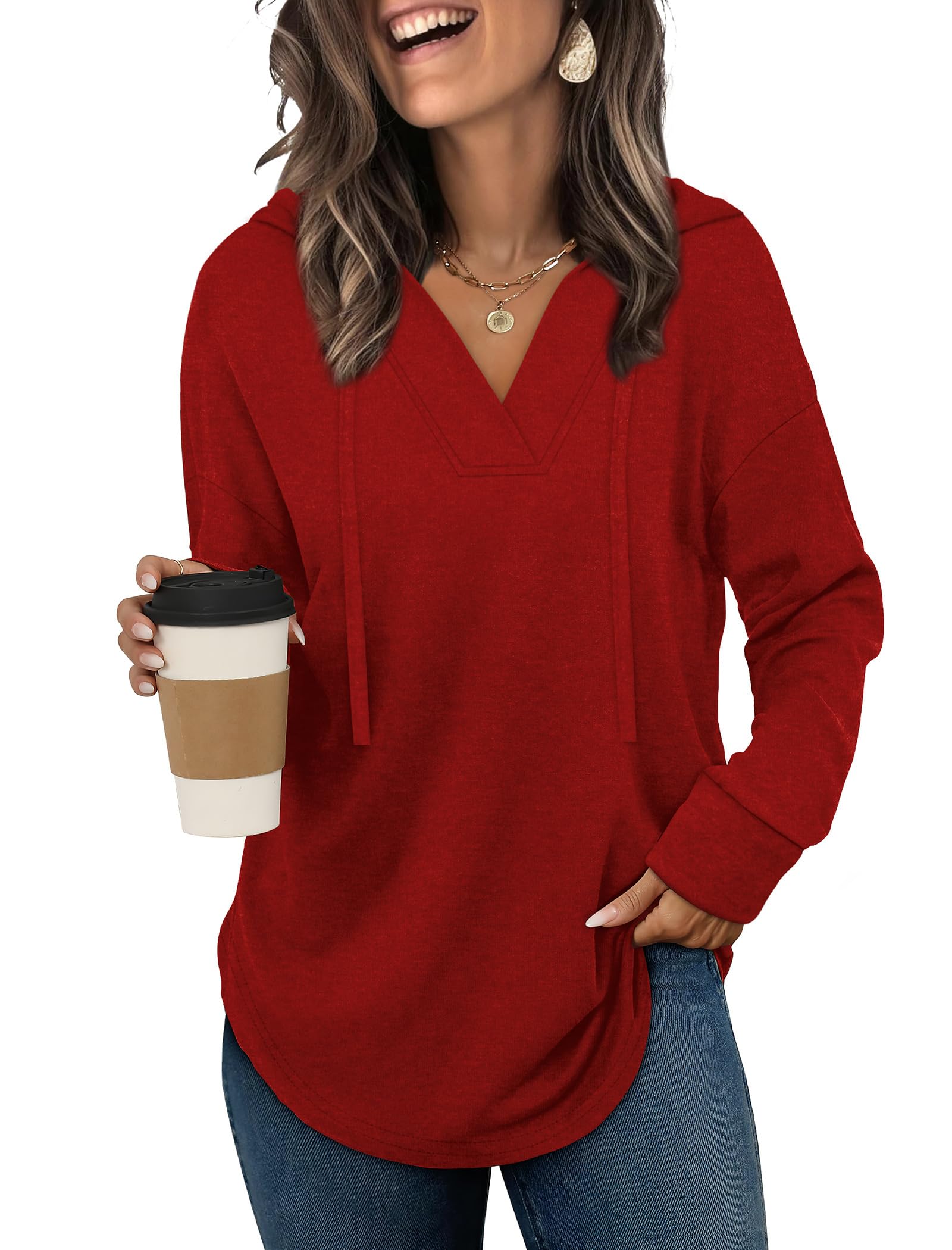Sampeel Hoodies for Women Trendy Fall Fashion 2026 V Neck Oversized Sweatshirt Plus Size Tops Clothes