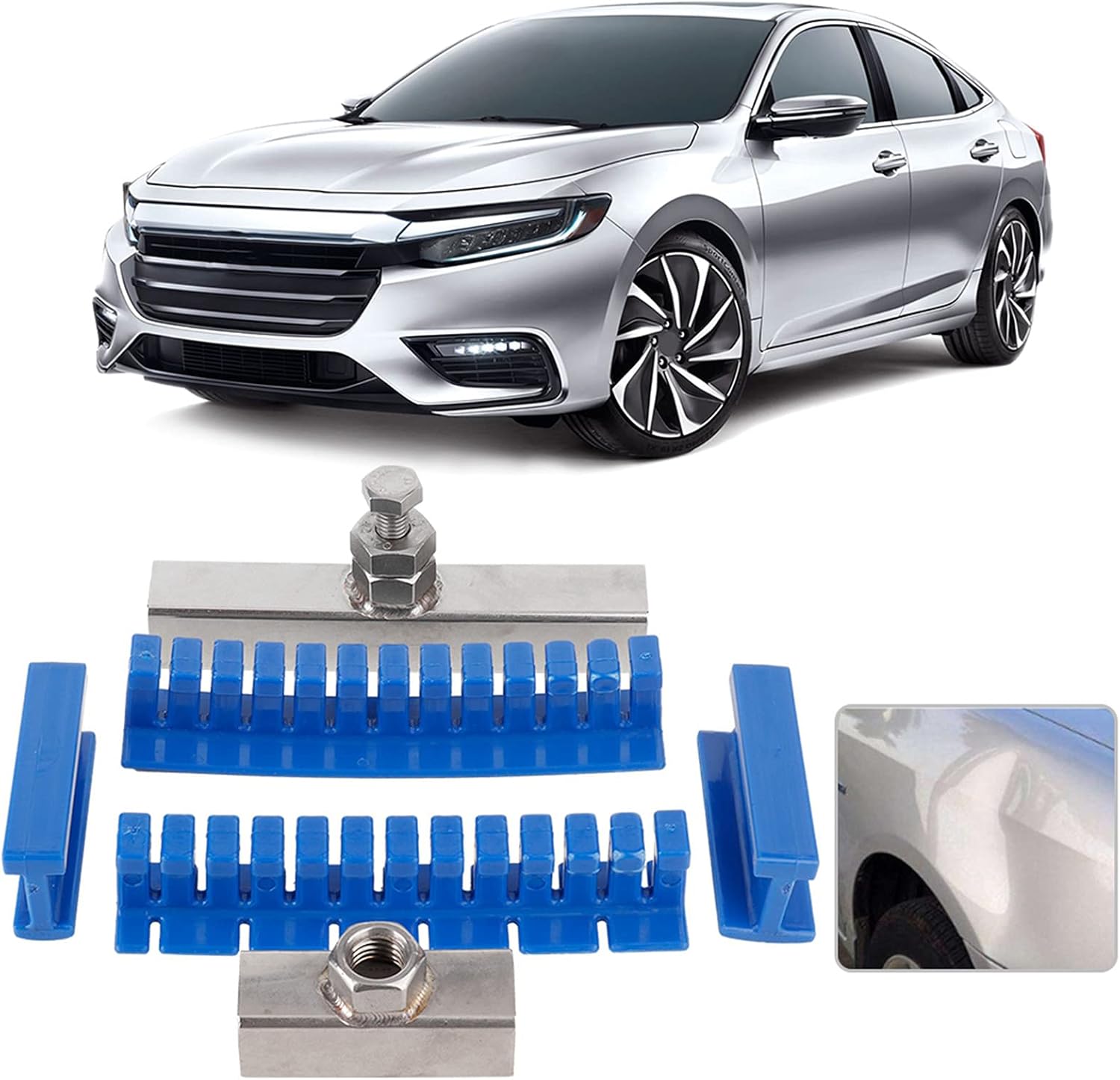 Tbest Dent Repair Tool components with an example of a car dent and a silver car