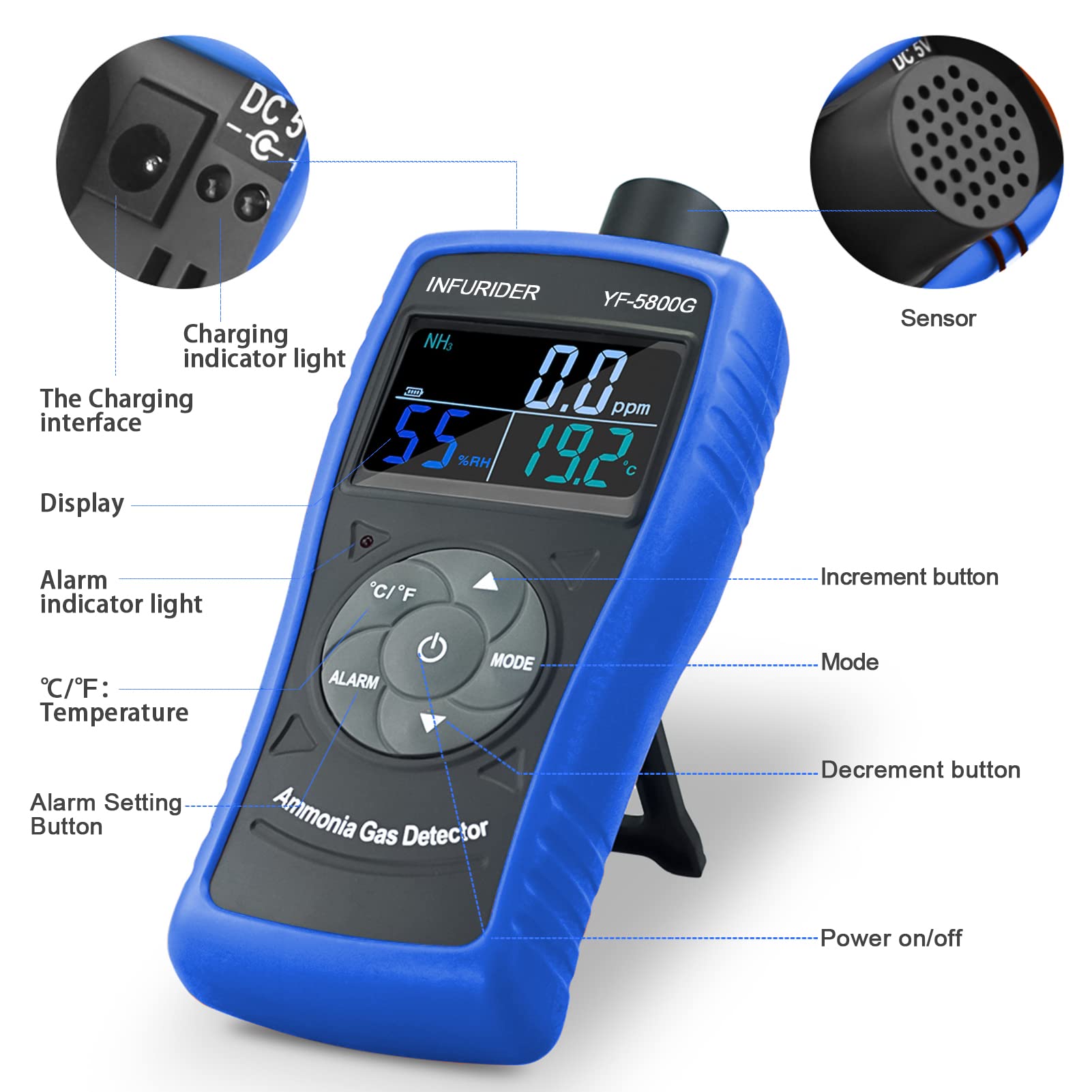 Przenośny detektor gazu amoniaku, monitor gazu INFURIDER YF-5800G NH3 z alarmem akustycznym i wizualnym, 0~100 PPM, profesjonalny miernik amoniaku do gospodarstw, świń i hodowli zwierząt