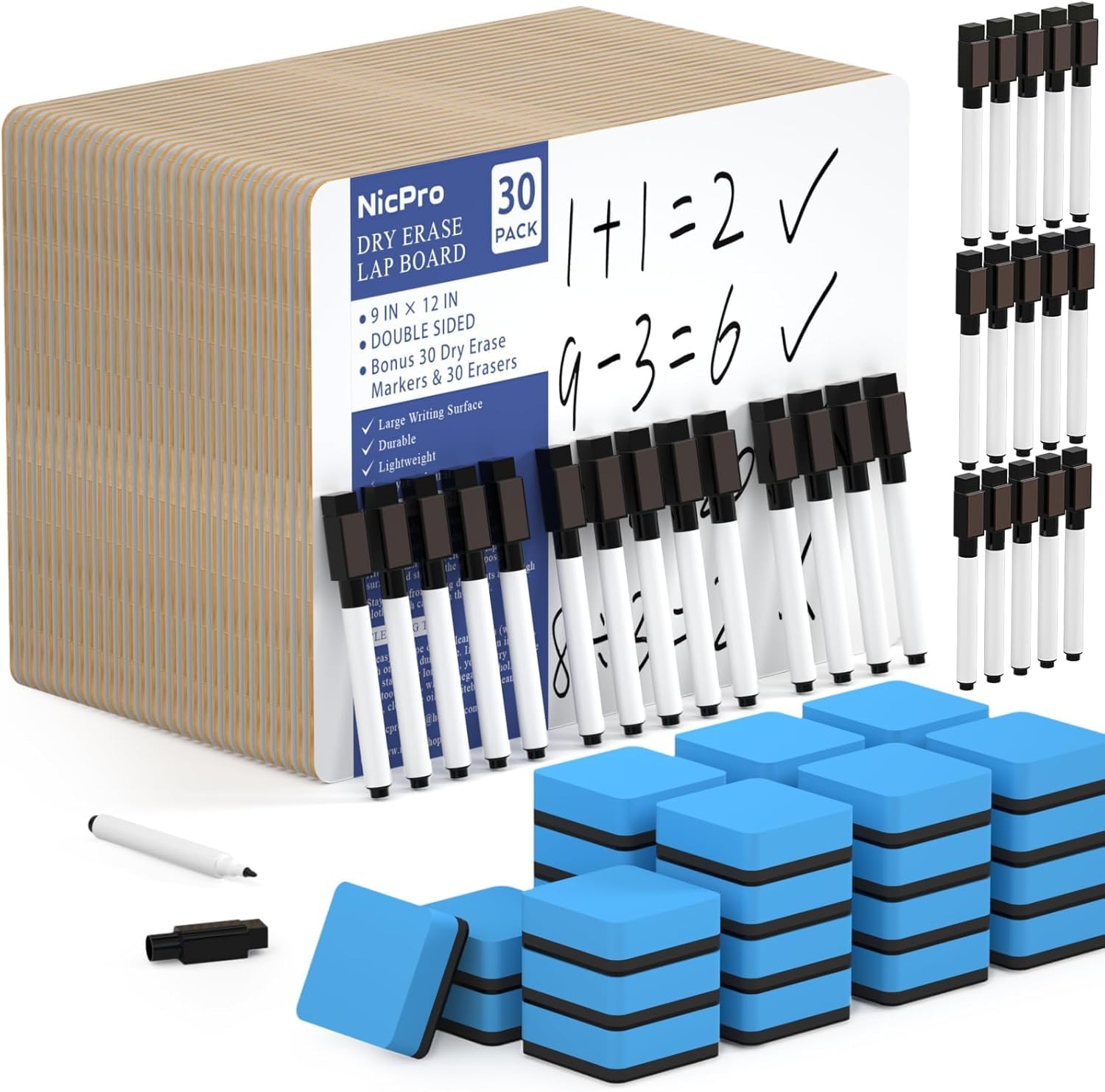 Nicpro 30 Stück trocken abwischbares Mini-Whiteboard, A4, 22 x 30 cm, doppelseitige Lapboard bulk mit 30 Stiften, 30 Radiergummis, kleines Whiteboard, tragbares Zeichnen, Schreiben Board