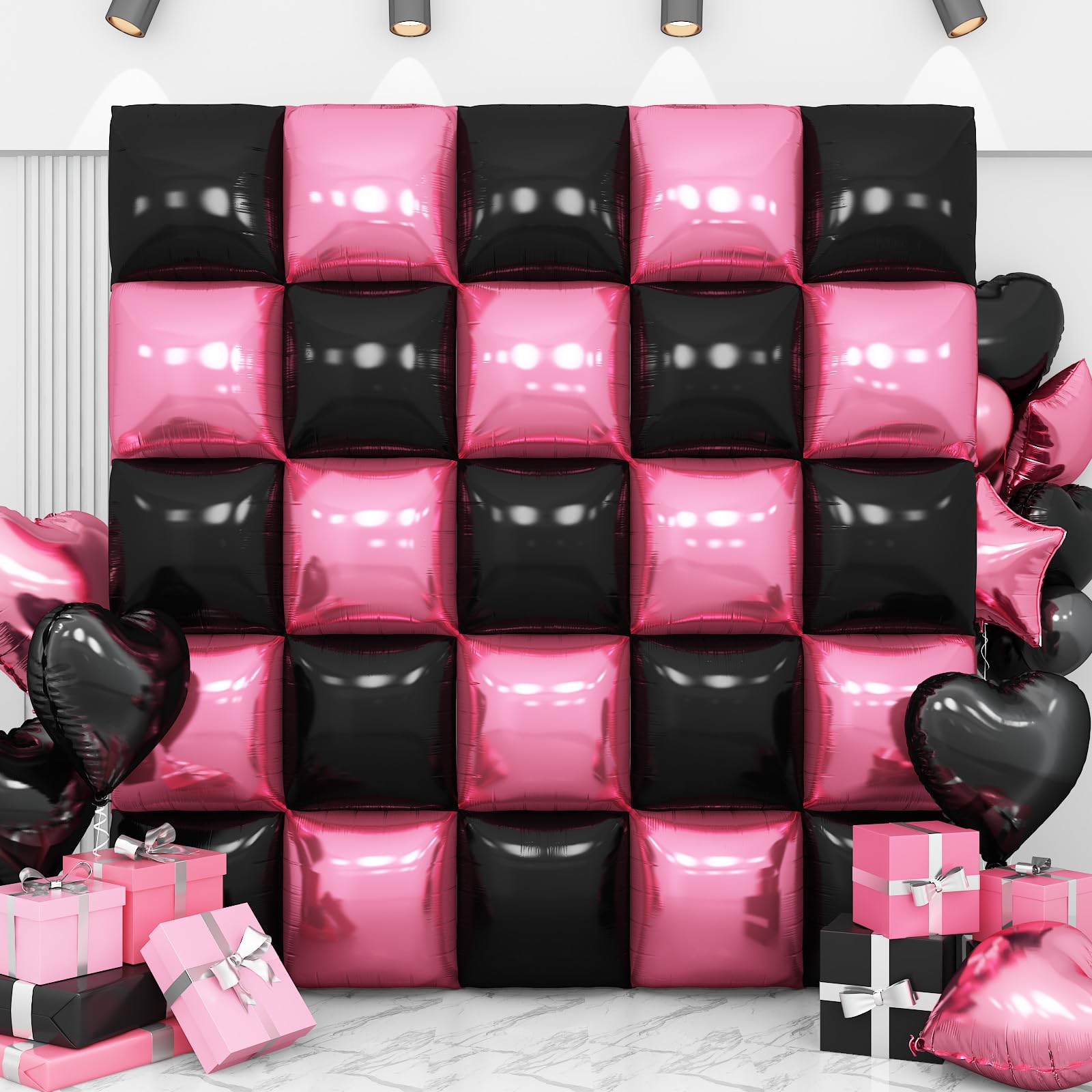 Pink Black Square Foil Balloon Wall,25Pcs Double Sided Foil Balloons Backdrop Helium Polyester Tunnel Arch Garland Kit for Birthday Bridal Anniversary Baby Shower Party Decorations