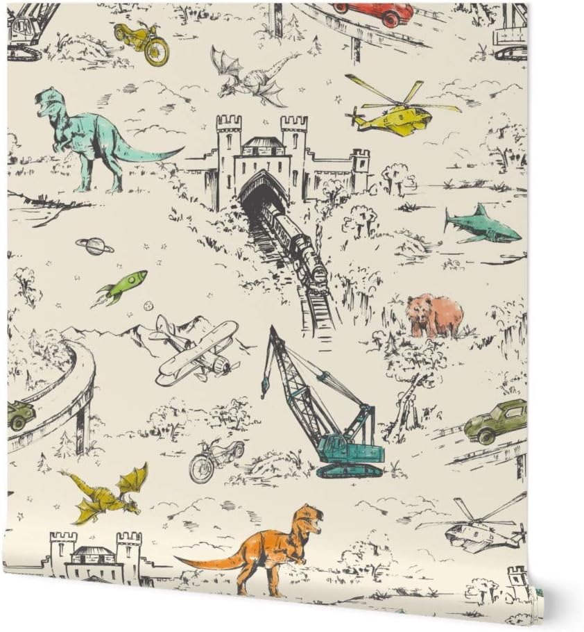 Peel & Stick Wallpaper 3ft x 2ft - Kids Adventure Dinosaur Helicopter Train Construction Dragon Toile Custom Removable Wallpaper by Spoonflower