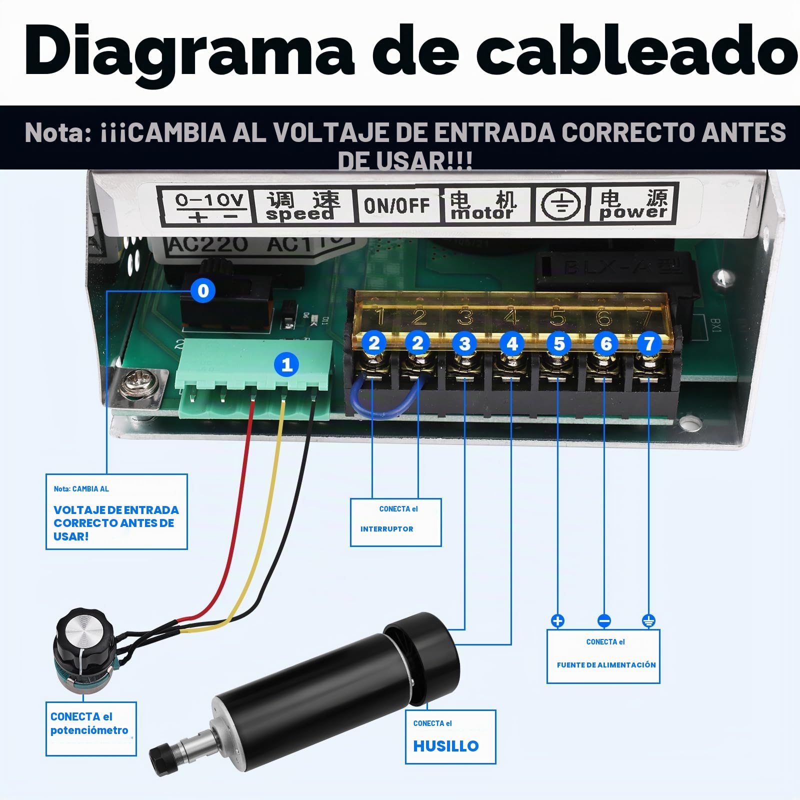 YOFULY Husillo CNC de 500 W con refrigeración por aire, regulador de velocidad MACH3 con fuente de alimentación AC110 V-220 V + soporte de husillo de 52 mm + pinzas de sujeción ER11 para máquina de