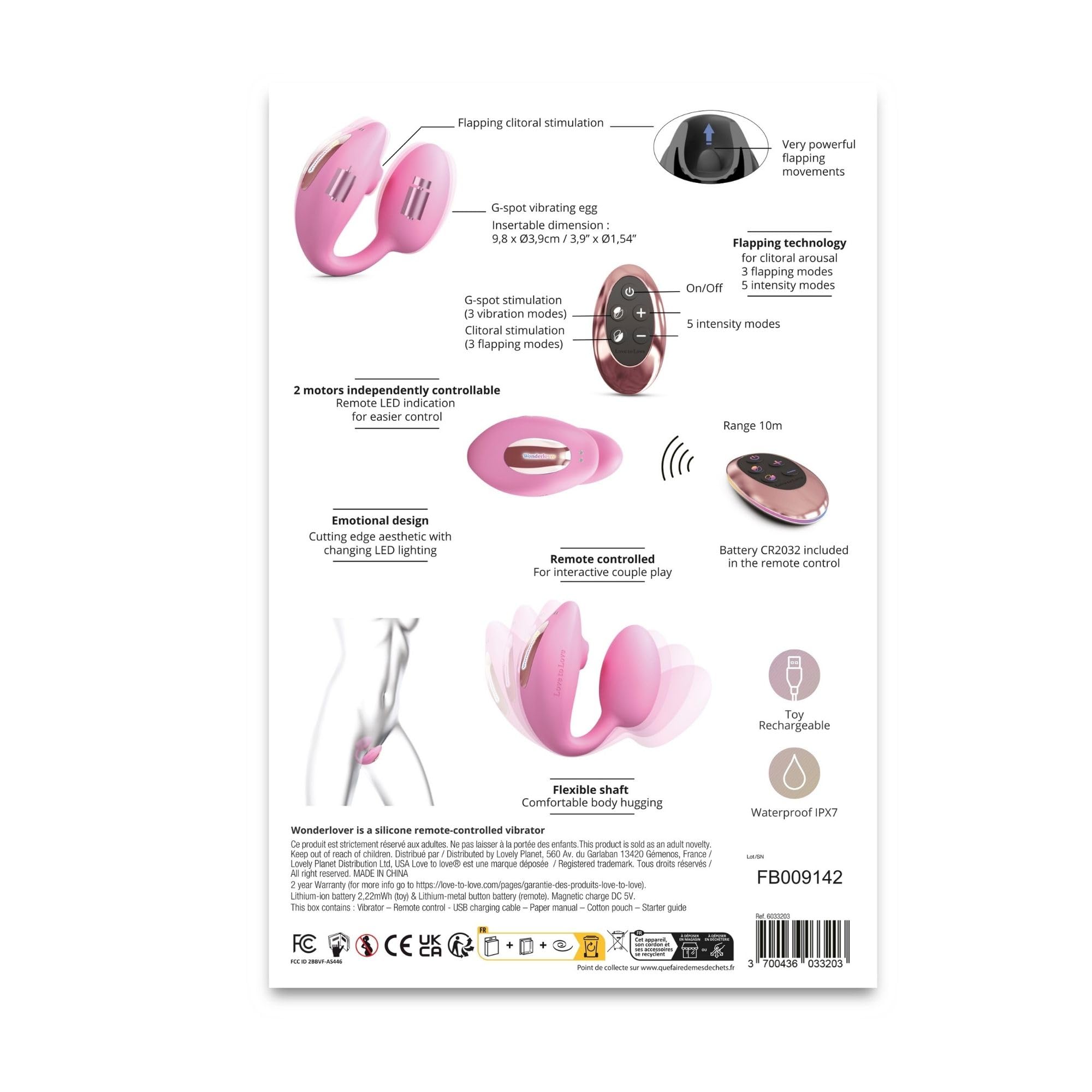Love to Love Wonderlover – Sex toy ovetto vibrante con telecomando a distanza, doppia stimolazione clitoride & punto G, tecnologia flapping, 9 modalità, impermeabile, utilizzo a mani libere