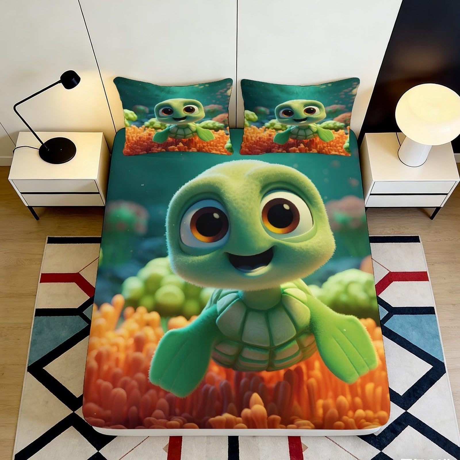 3D Printed Cartoon Turtle Fitted Sheet Microfiber Non-Slip Deep Pocket Ocean Mattress Fitted Cover Washable Bedding for Adults Teens 140x200x25cm