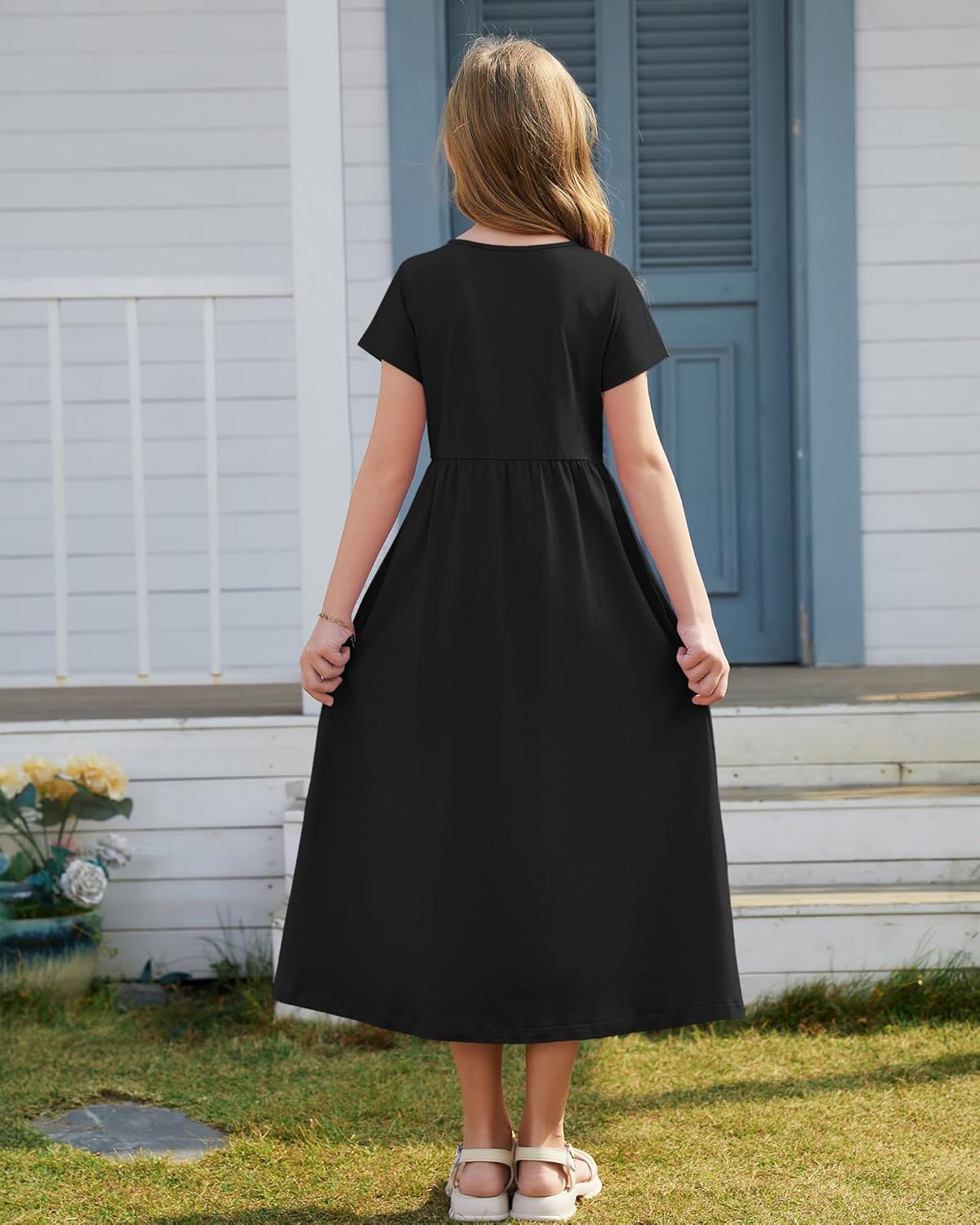 Girl's Summer Short Sleeve Loose Dress Casual Crewneck Empire Waist Long Maxi Dresses for Kids with Pockets 5-14 Years - Image 2