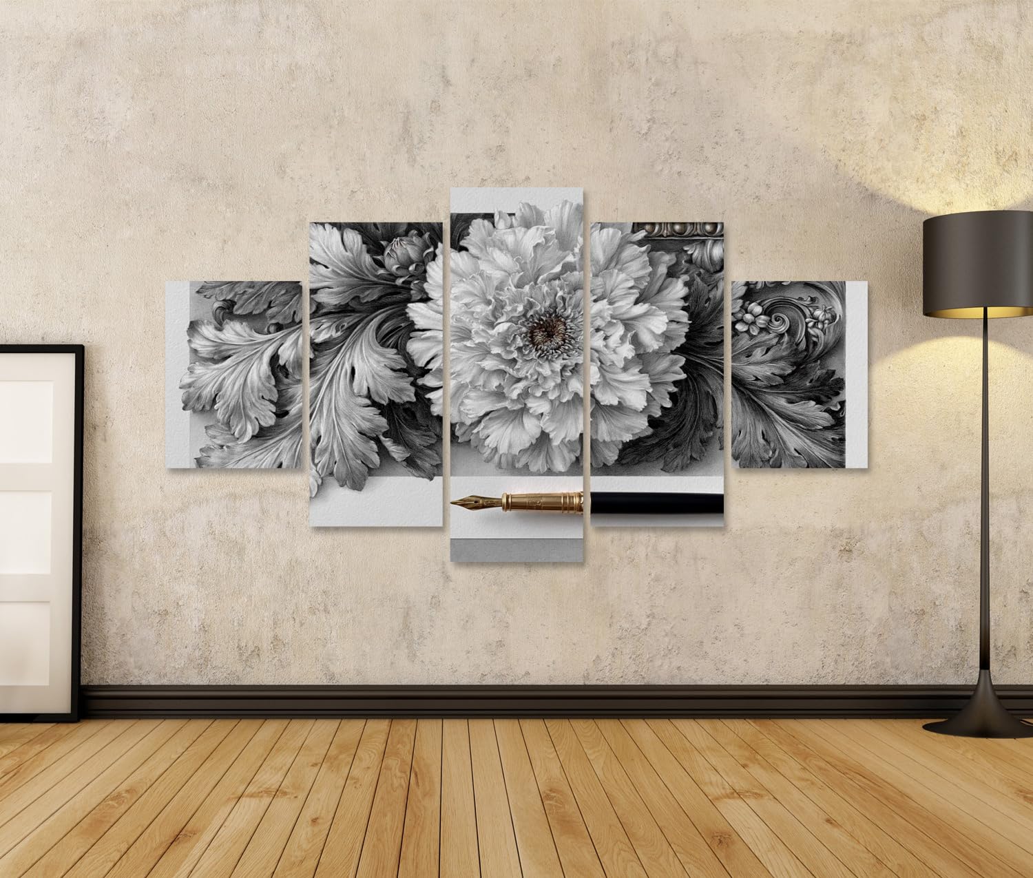 islandburner Bild auf Leinwand Eleganter Floraler Tinten-Kunstdruck für Wohnzimmer - Ideal für Kunstliebhaber - 5-teilig