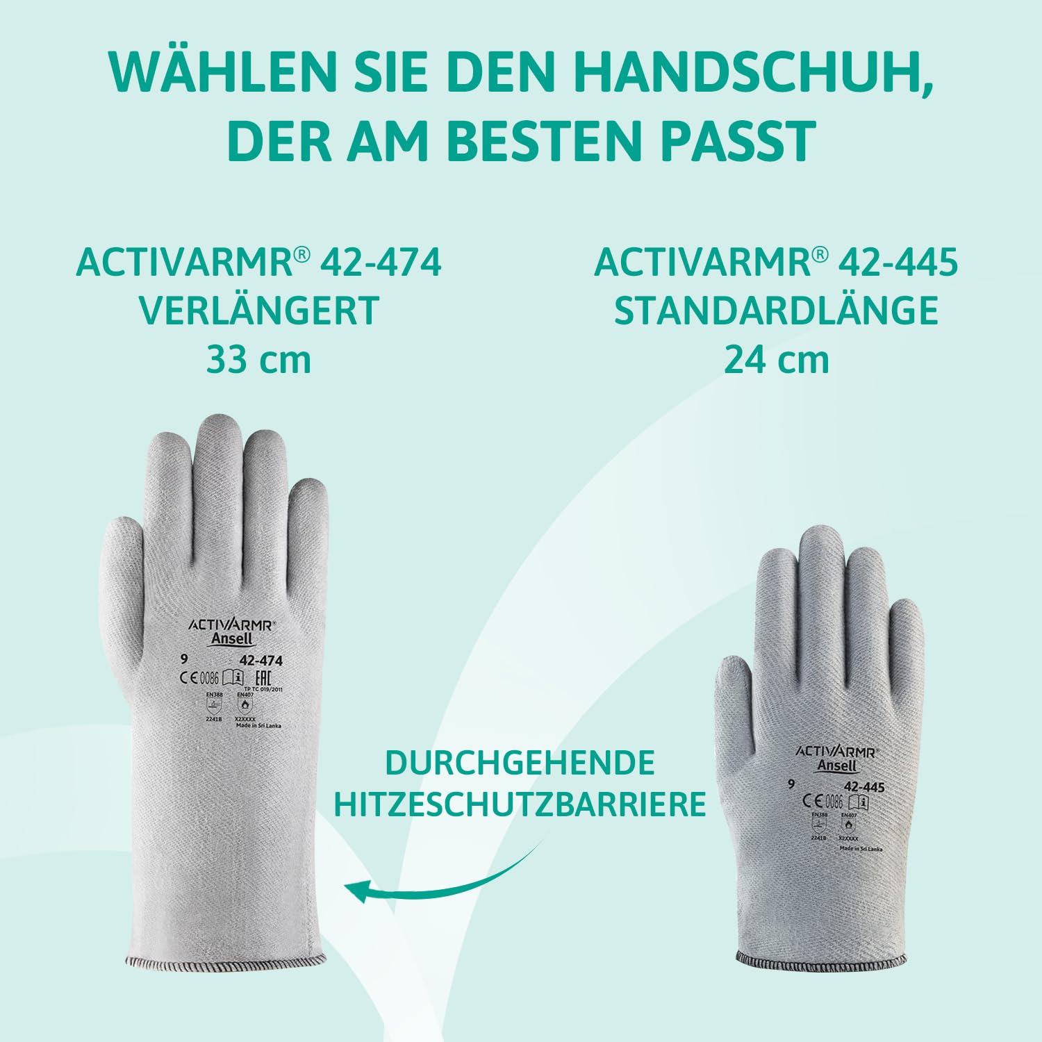 Ansell ActivArmr 42-474, Hitzeschutz Handschuh, Industrielle hitzebeständige Handschuhe, Arbeitshandschuhe mit Filz -Futter und Stulpen, Professionelle Schutz-Handschuhe, 12 Paar, Gr. L
