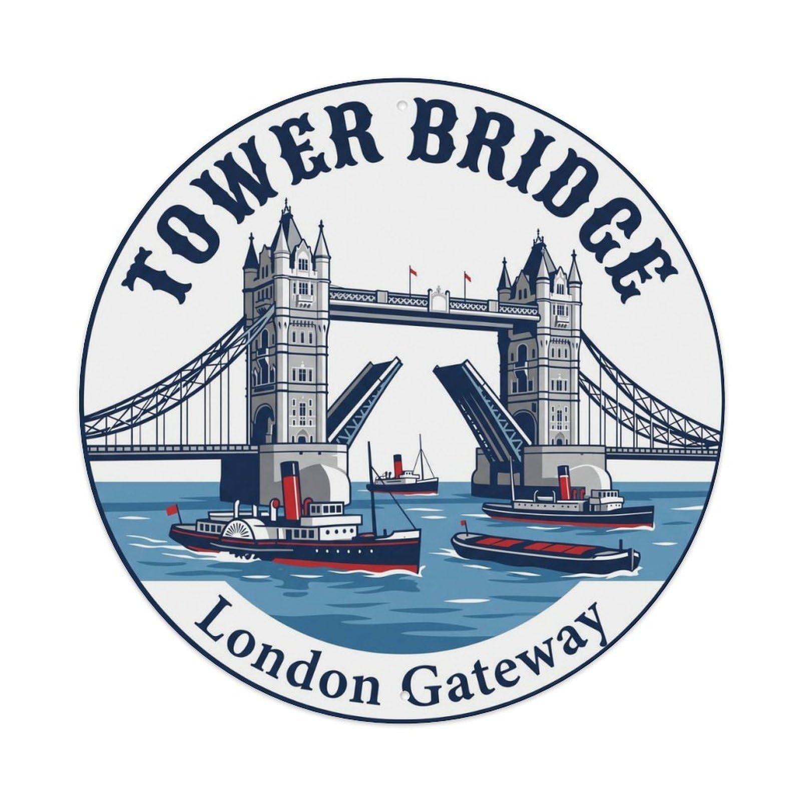 Vintage Travel Tower Bridge Opening Metal Tin Sign Plaque Wall Decor for Cafe, Club, Garden Round Metal Poster 8x8Inch