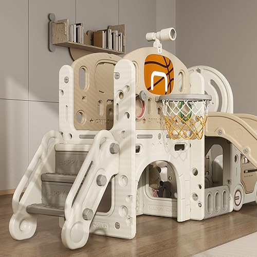 Miniatura 9 de Qaba Tobogán 9 en 1 para niños de 1 a 6 años, tobogán para bebé con temática de automóvil con aro de baloncesto, escalador, espacio de