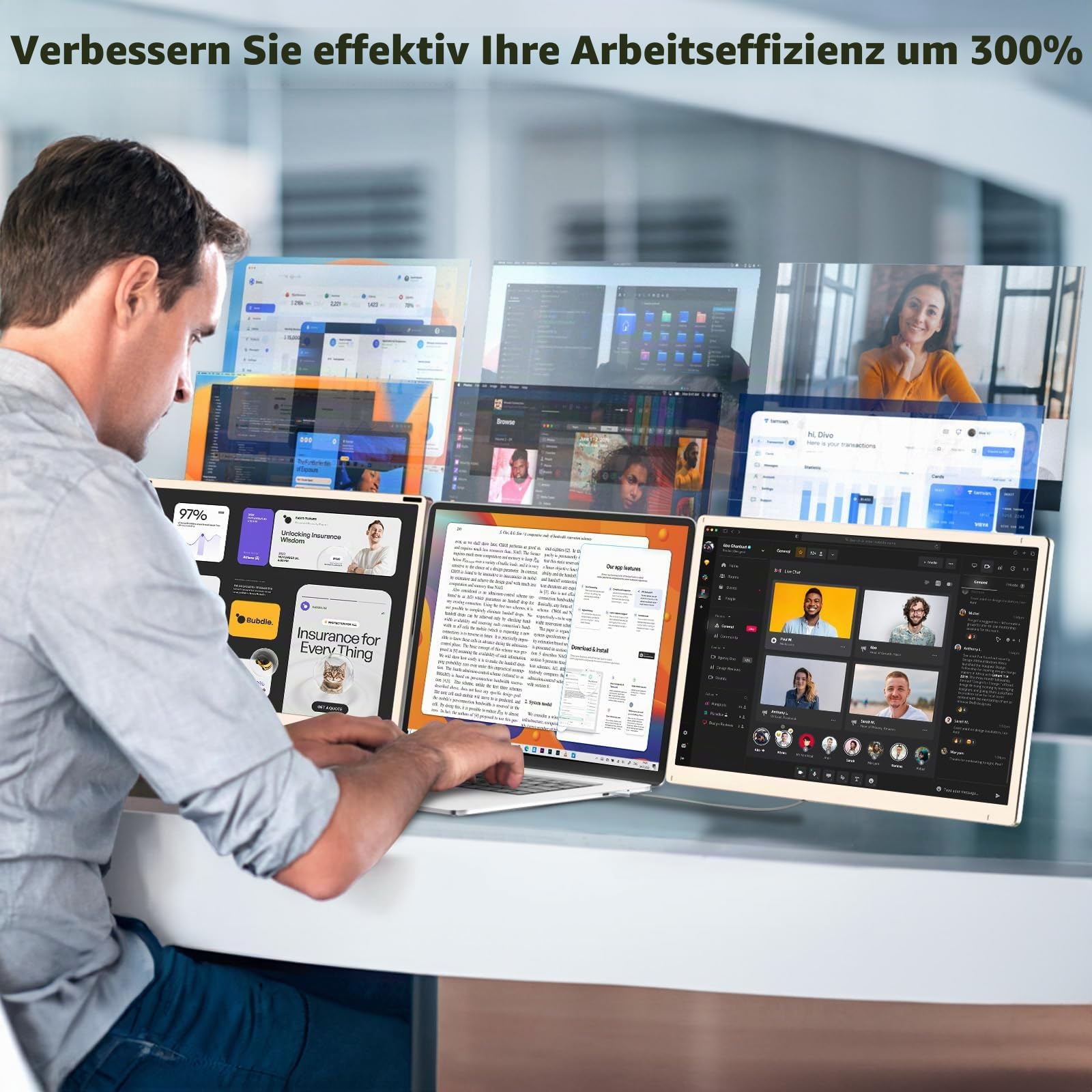 Laptop Screen Extender, 15.6” Laptop Bildschirm Extender, FHD 1080P Triple Travel Monitor mit Lautsprechern, Display Extension Kompatibel mit 13-17.3“ Laptops für Mac, Windows, Chrome, Android