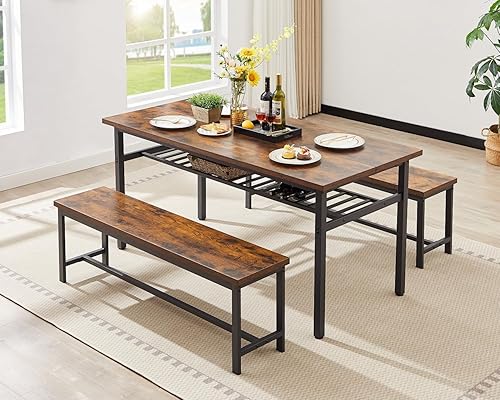 Juego de mesa de comedor de 67 pulgadas para 6 mesas de comedor de cocina con 2 bancos, mesa de comedor rústica con estante de almacenamiento