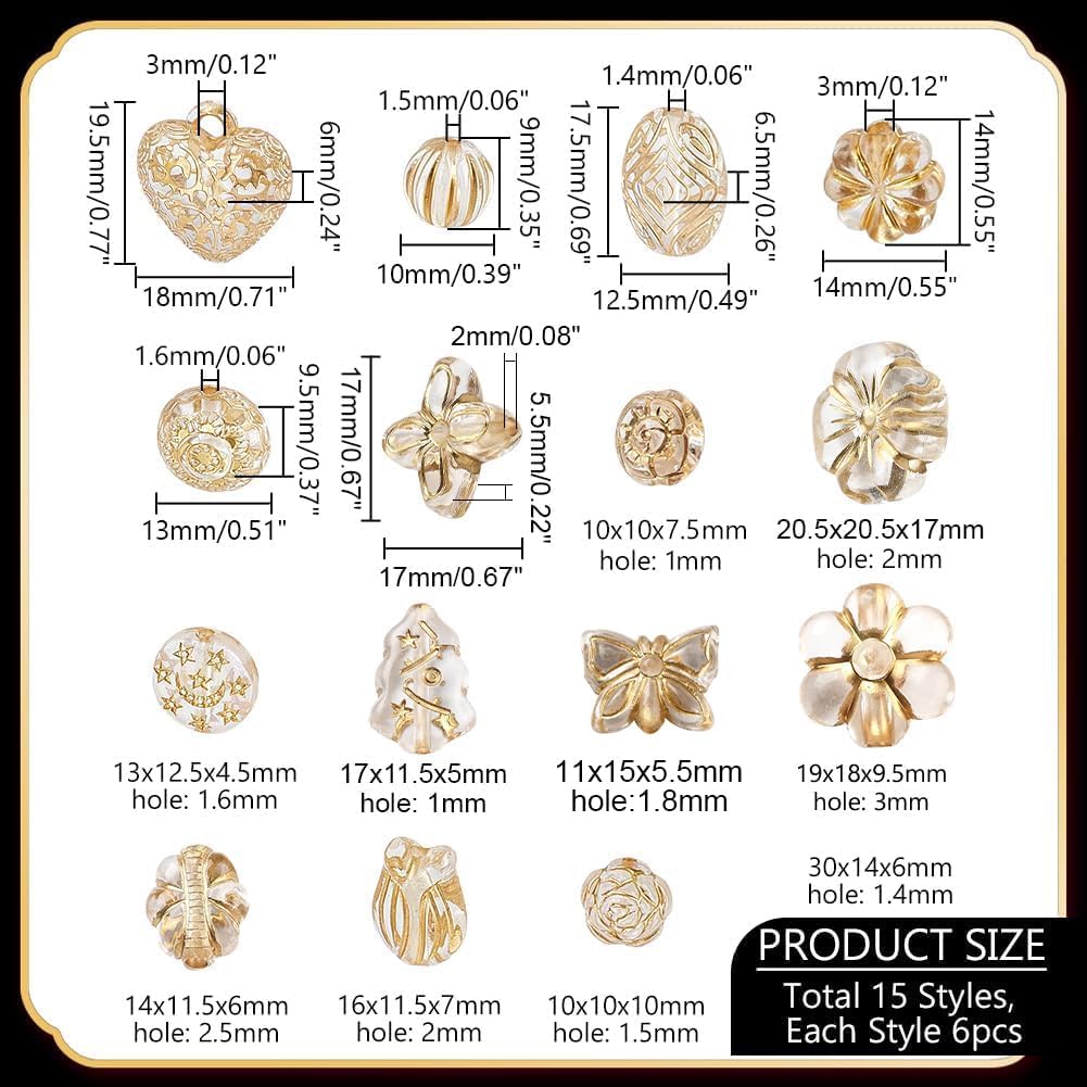 PH PandaHall 90pcs 15 Styles Transparent Acrylic Beads, Vintage Bohemian Oval Round Flower Spacer Beads with Golden Metal Enlaced for Bracelet Necklace Craft Jewelry Making, 818mm - Image 2