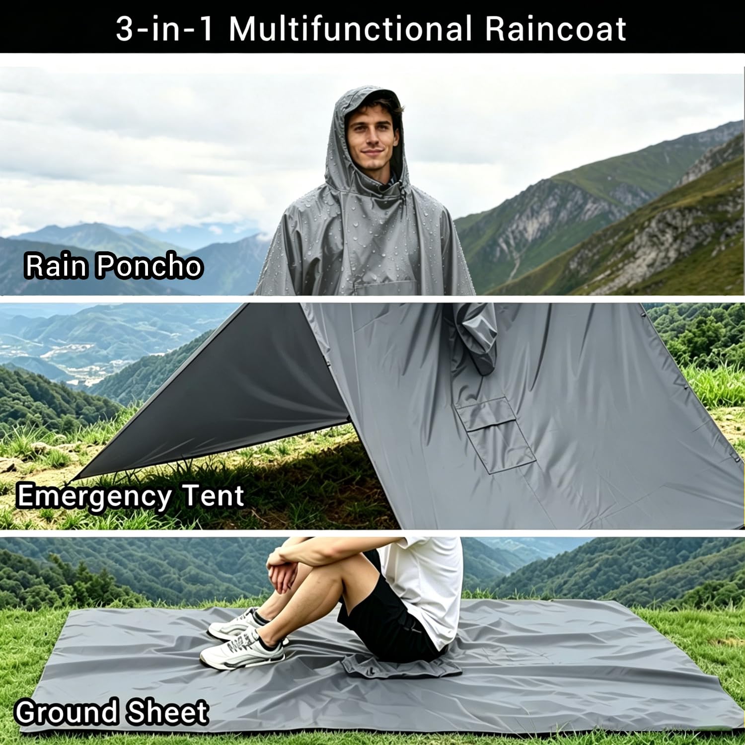 Poncho Pioggia Impermeabile Riutilizzabile per Adulti, Mantella Antipioggia 3-in-1 Leggera con Cappuccio per Trekking, Uomo e Donna