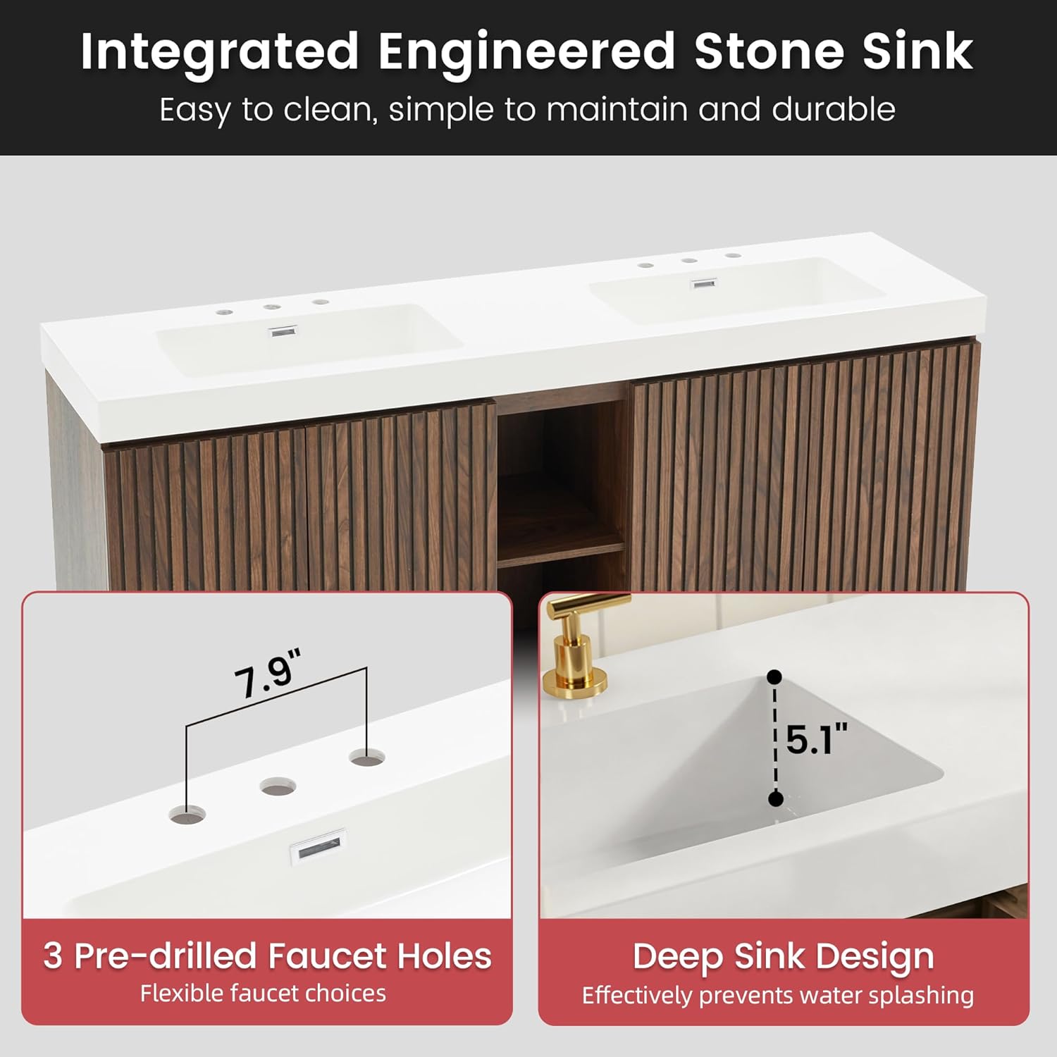 72" Bathroom Vanity with Double Sink, Freestanding Double Sink Bathroom Vanity with White Engineered Stone Top, Open Storage Cabinet & Adjustable Shelf, 4 Soft-Closing Doors, Walnut