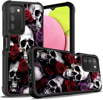 Galaxy A03S Phone Case, Heavy Duty 3 in 1 Hybrid Hard Plastic & Soft Silicone Shockproof Drop Protection Case for Samsung Galaxy A03S, Skull Red Rose