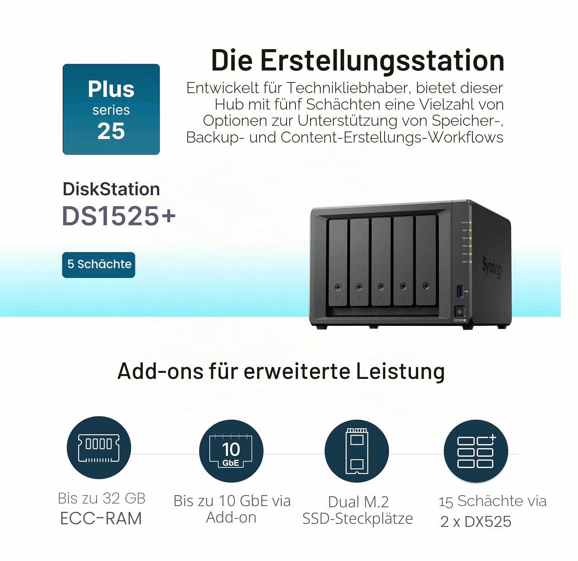 Synology Erweiterbares NAS-Kit mit 5 Schächten, DS1525+ AMD RyzenCPU mit 8 GB Speicher, 2,5 GbE Standardbenutzer, inländischer autorisierter Händler, Field Lake, Telefonunterstützung, DiskStation
