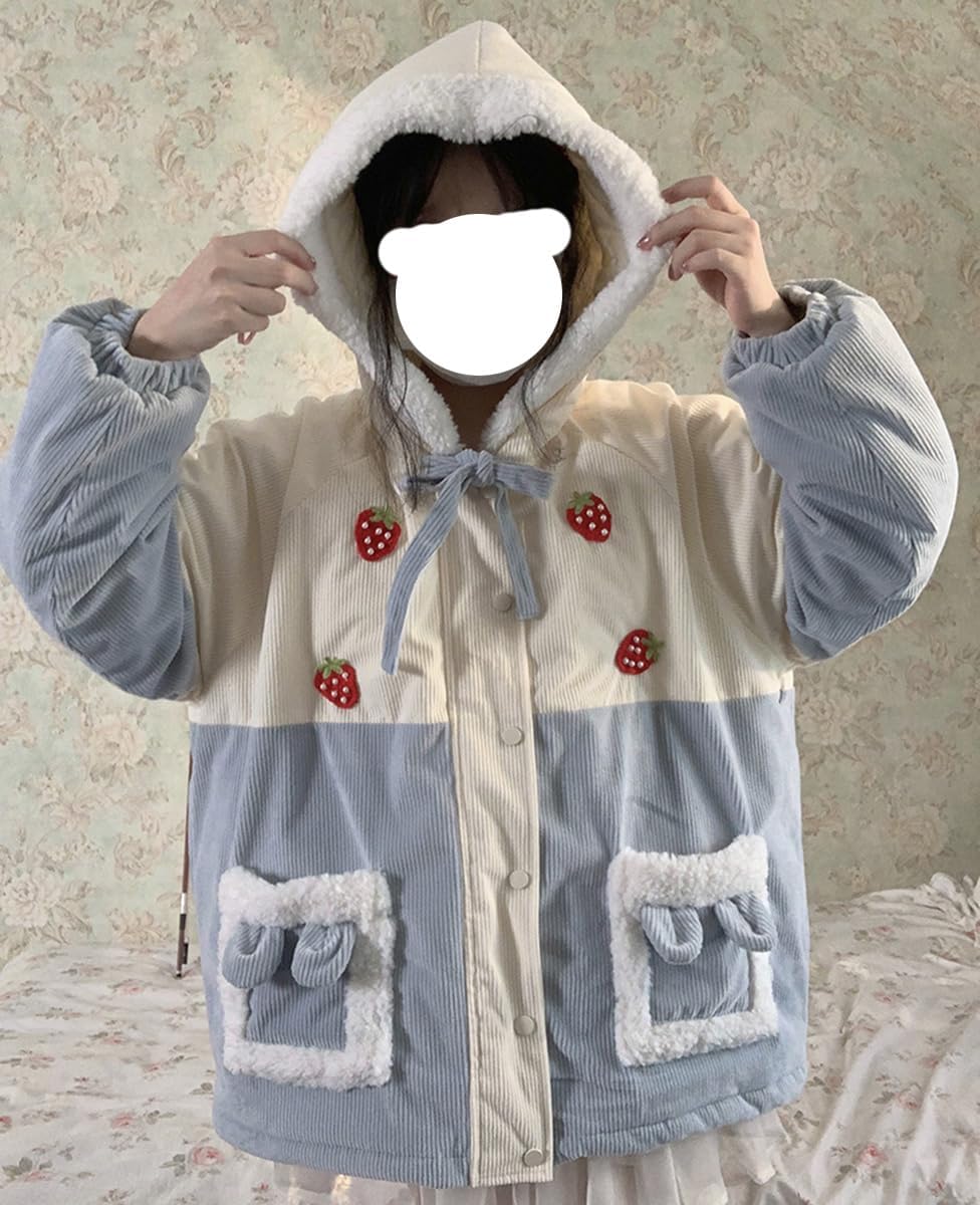 Damen-Winterjacke aus Cord, für Teenager, Mädchen, Oberbekleidung, warm, niedlich, Erdbeere, Reißverschluss, Fleece, flauschig, mit Kapuze, Blau, Größe M, Blau, M