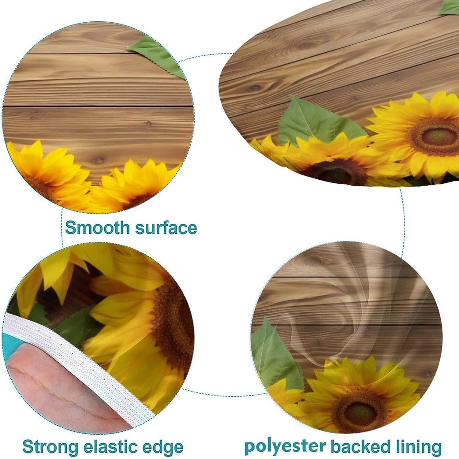 Sunflowers on Wooden Print Oval Tablecloth Fitted Leakproof & Sturdy Washable Tablecloth for Oval Table Tablecloth Oval Table for Dining/Party/Buffet/Wedding Fits for 42 x 60 Oval Table