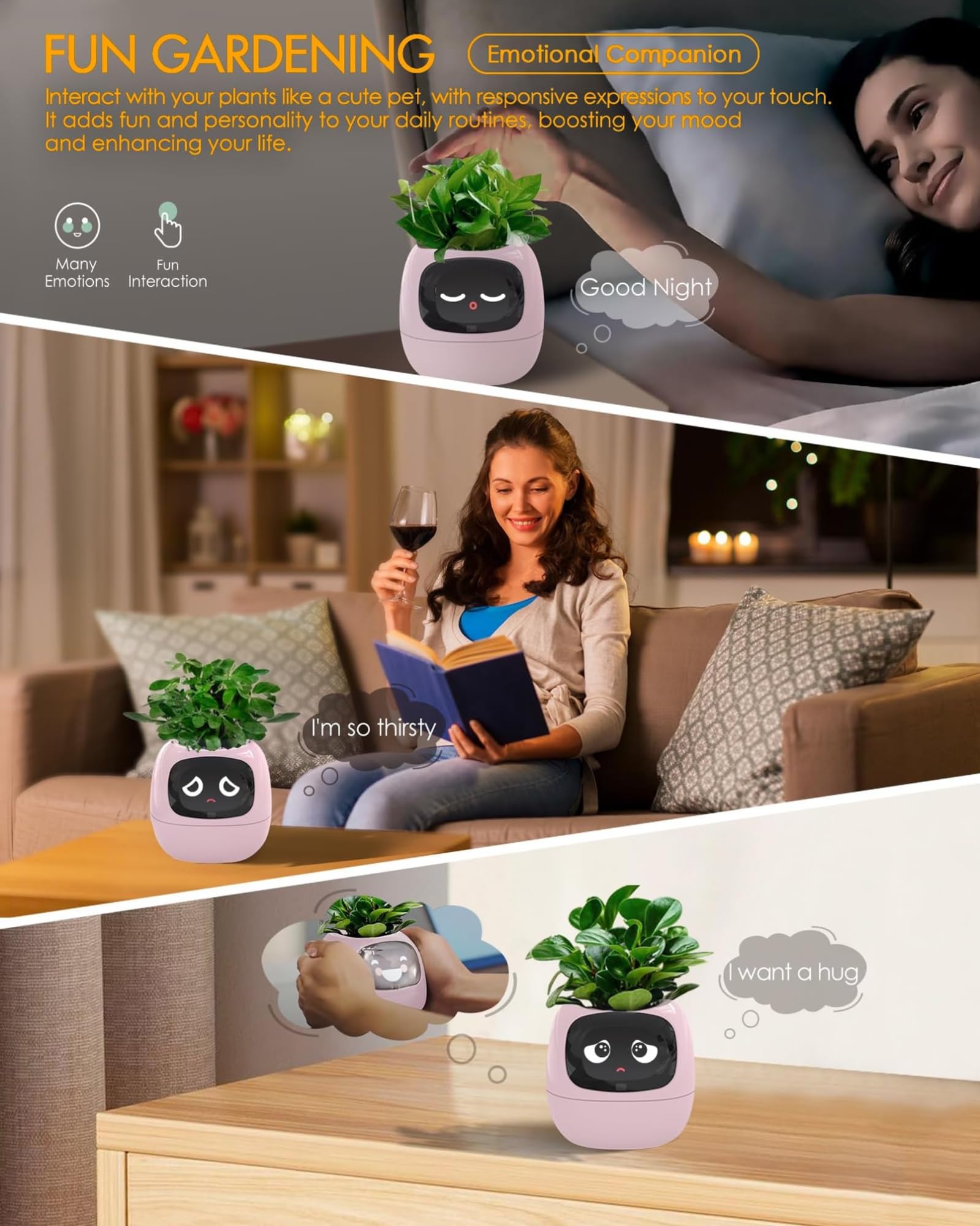 AI Smart - Vaso per piante con sensori intelligenti e display LCD, controllo tramite app, per casa, espressione intelligente, visualizzazione dell'ora e del tempo