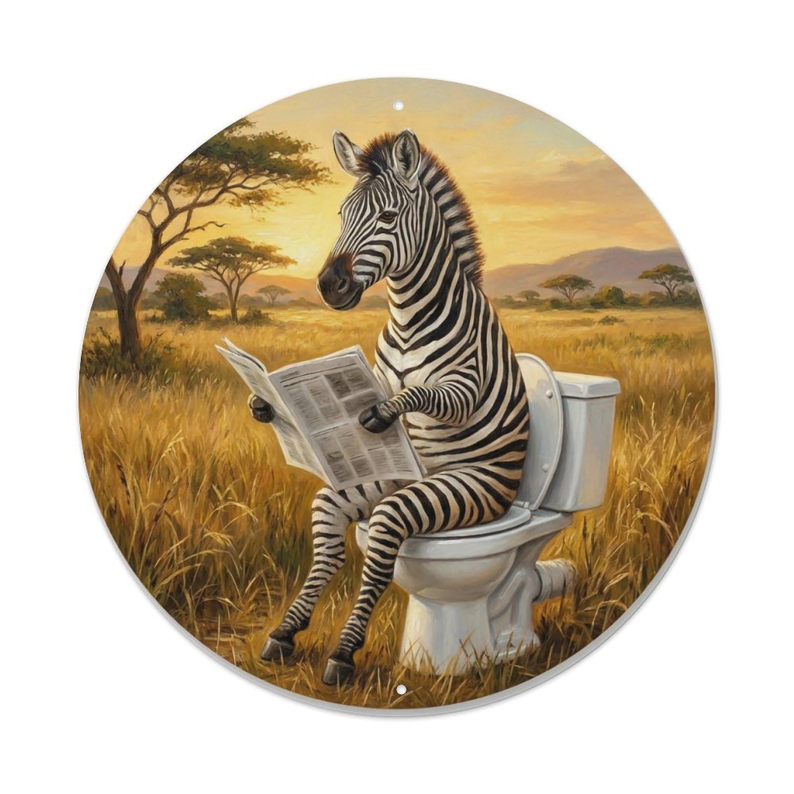Zebra On Toilet Humorous Bathroom Grassland Breeze Metal Tin Sign