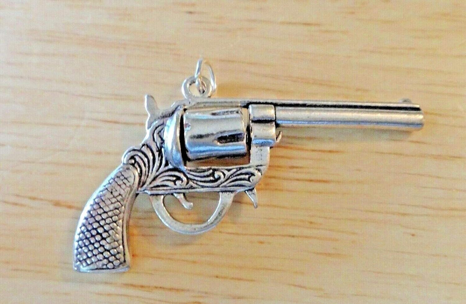 Sterling Silver 45mm 8 Gram Movable 6 Shooter Pistol Revolver Gun Charm!  - Jewelry Making DIY Crafting Charm Beads for Bracelets
