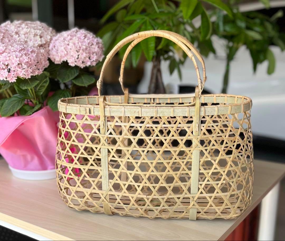 古道具 竹の市場かご 竹籠 篠竹 鈴竹 買い物かご ヴィンテージ 竹細工